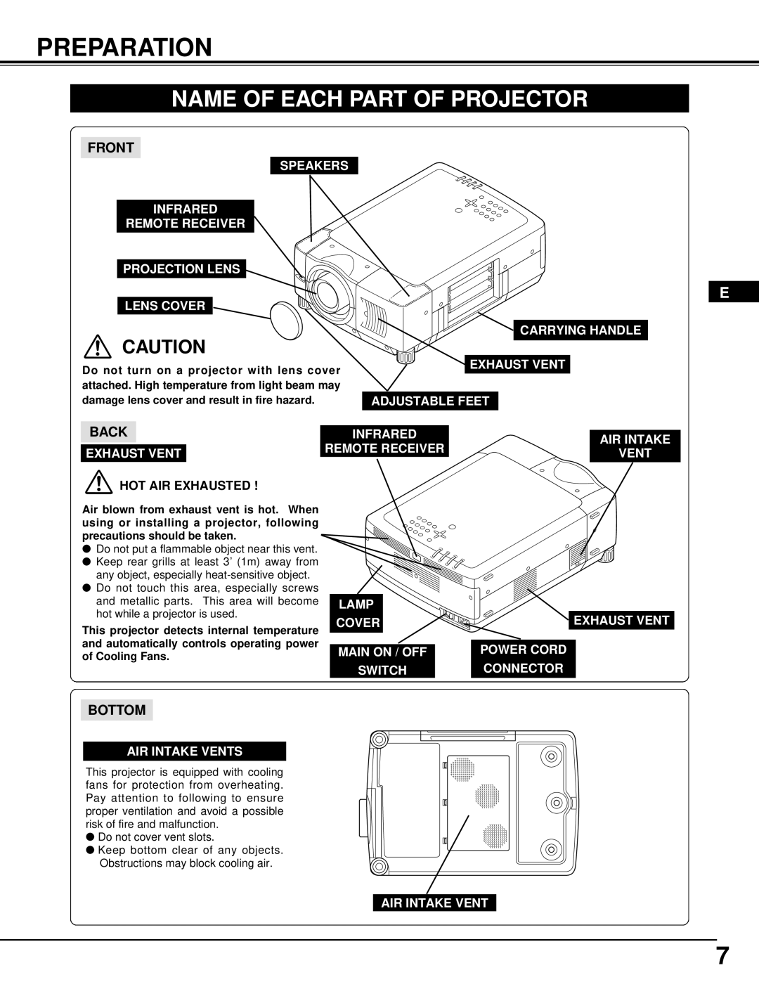 Dukane 28A8945, 28A9058 manual Preparation, Name Of Each Part Of Projector, Front, Bottom 