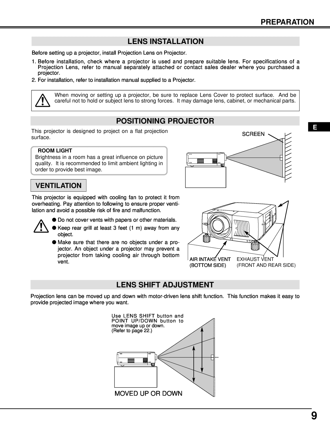 Dukane 28A8945, 28A9058 manual Preparation Lens Installation, Positioning Projector, Lens Shift Adjustment, Ventilation 