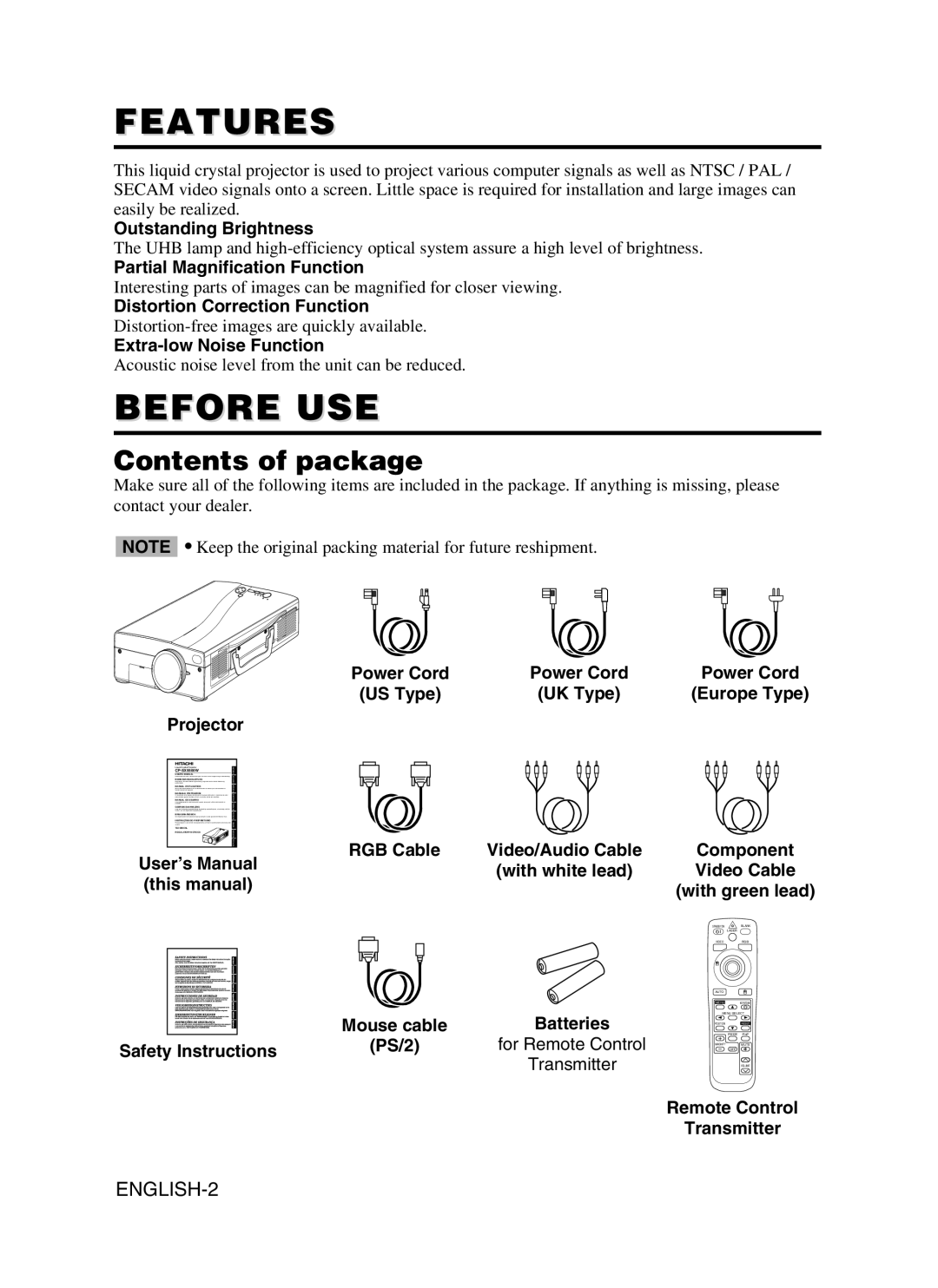 Dukane 28A9115 user manual Features, Before USE, Contents of package 