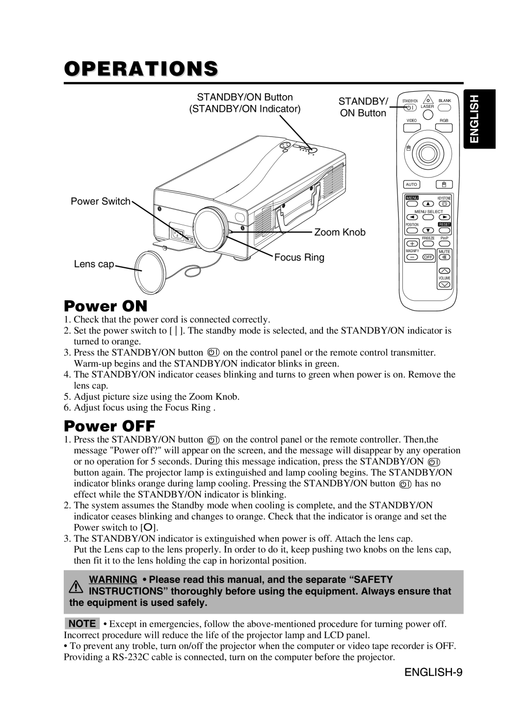 Dukane 28A9115 user manual Operations, Power on, Power OFF, Standby, Equipment is used safely 