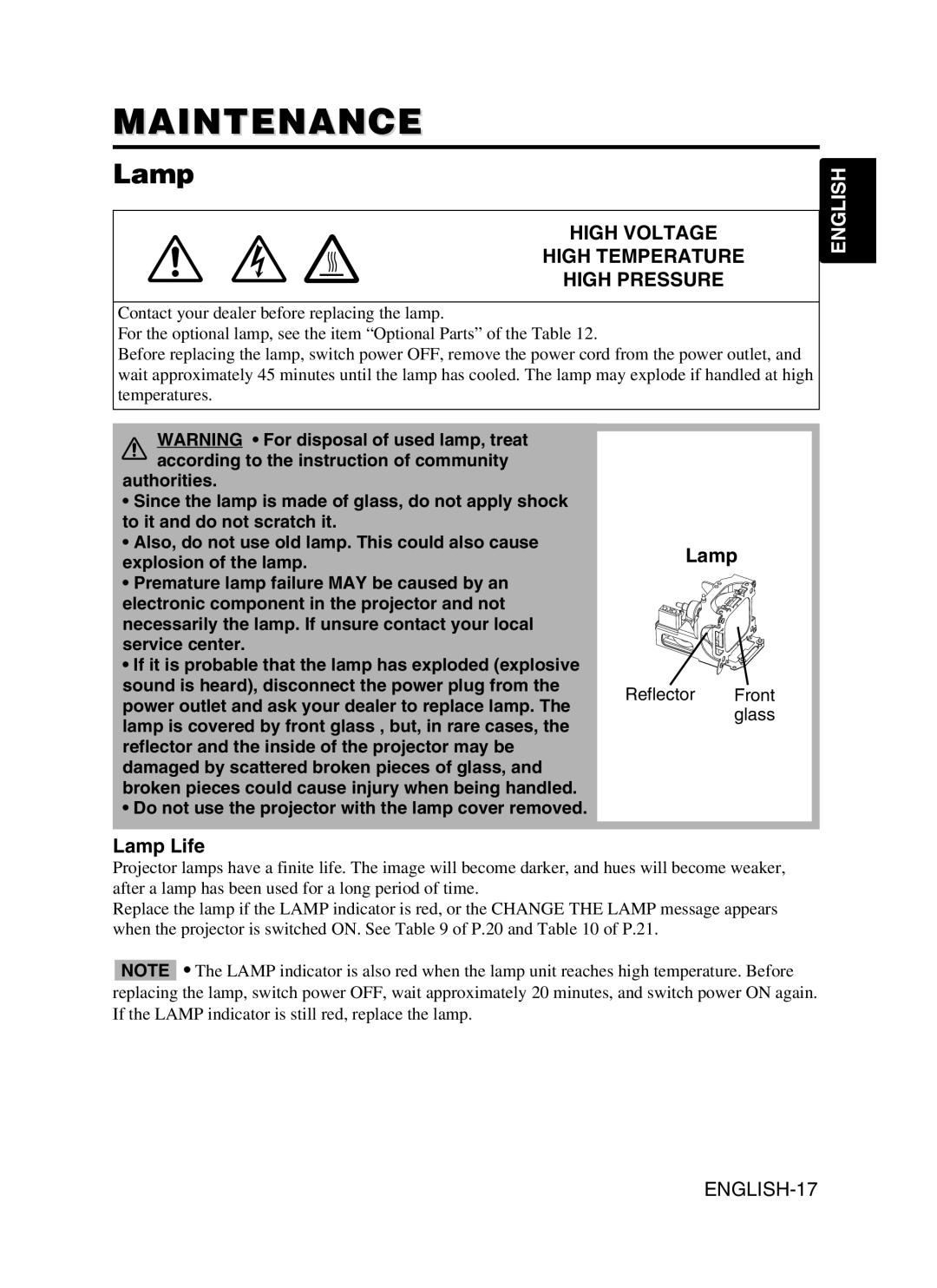 Dukane 28A9115 user manual Maintenance, Lamp Life, Reflector Front glass 