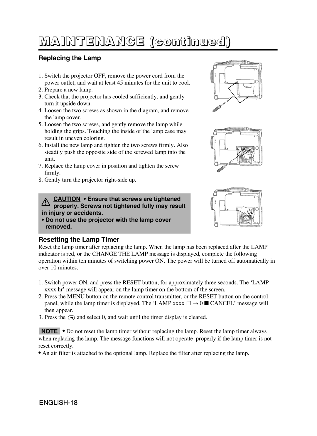 Dukane 28A9115 user manual Maintenance, Replacing the Lamp, Resetting the Lamp Timer 