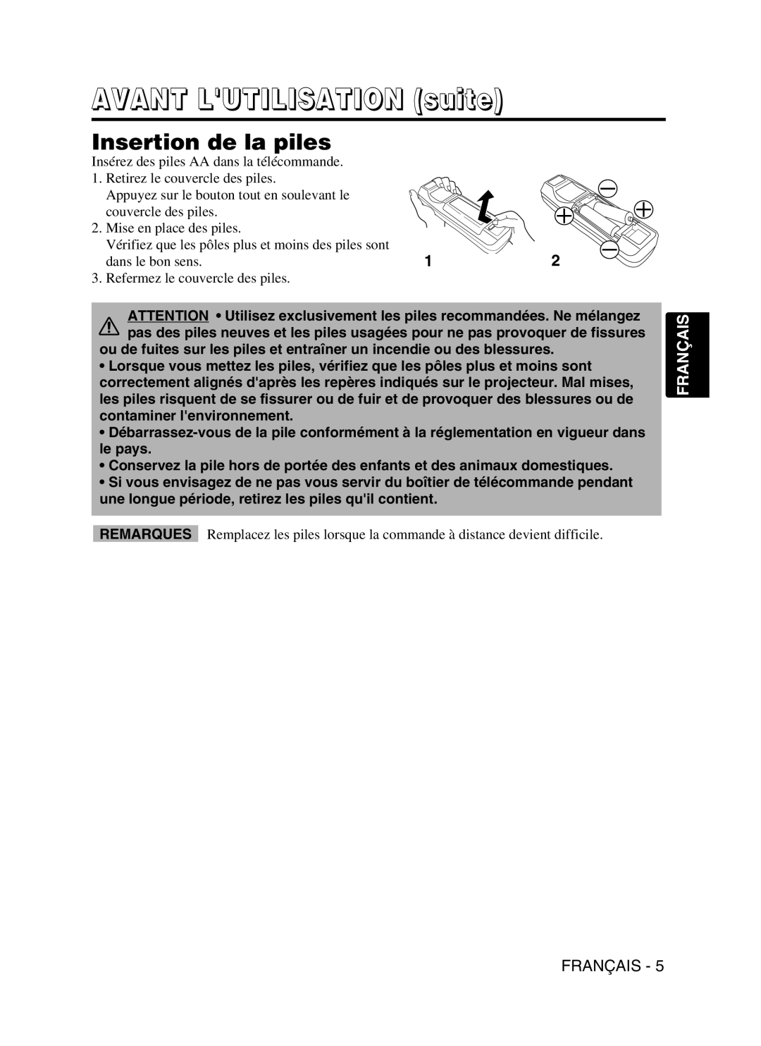 Dukane 28A9115 user manual Insertion de la piles 