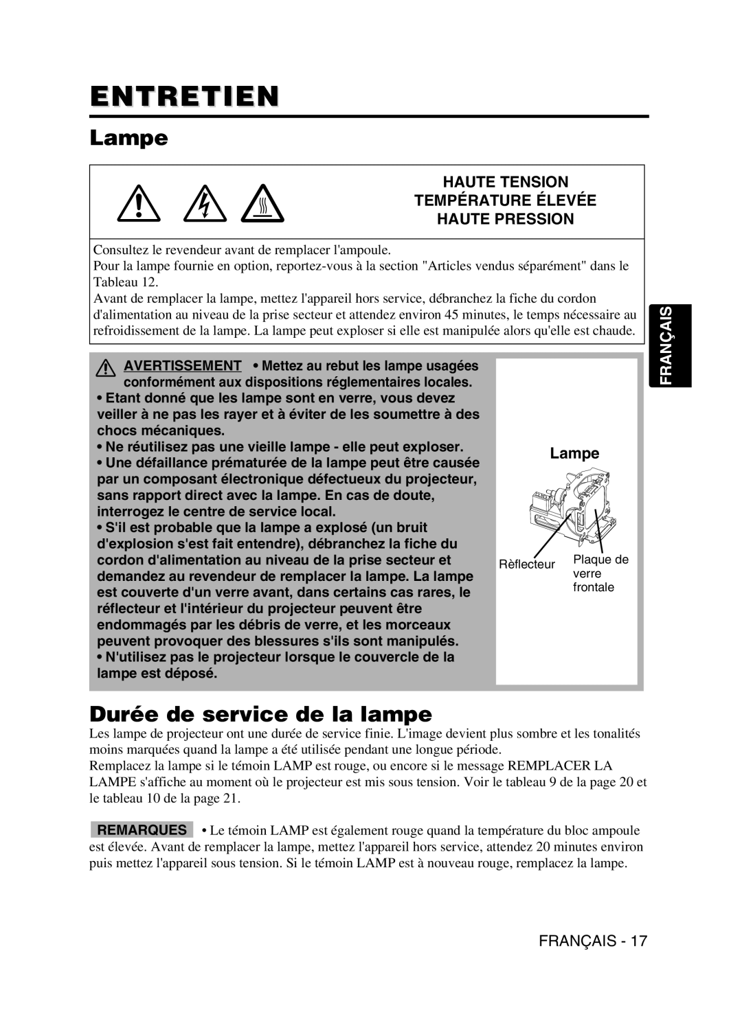 Dukane 28A9115 user manual Entretien, Lampe, Durée de service de la lampe 