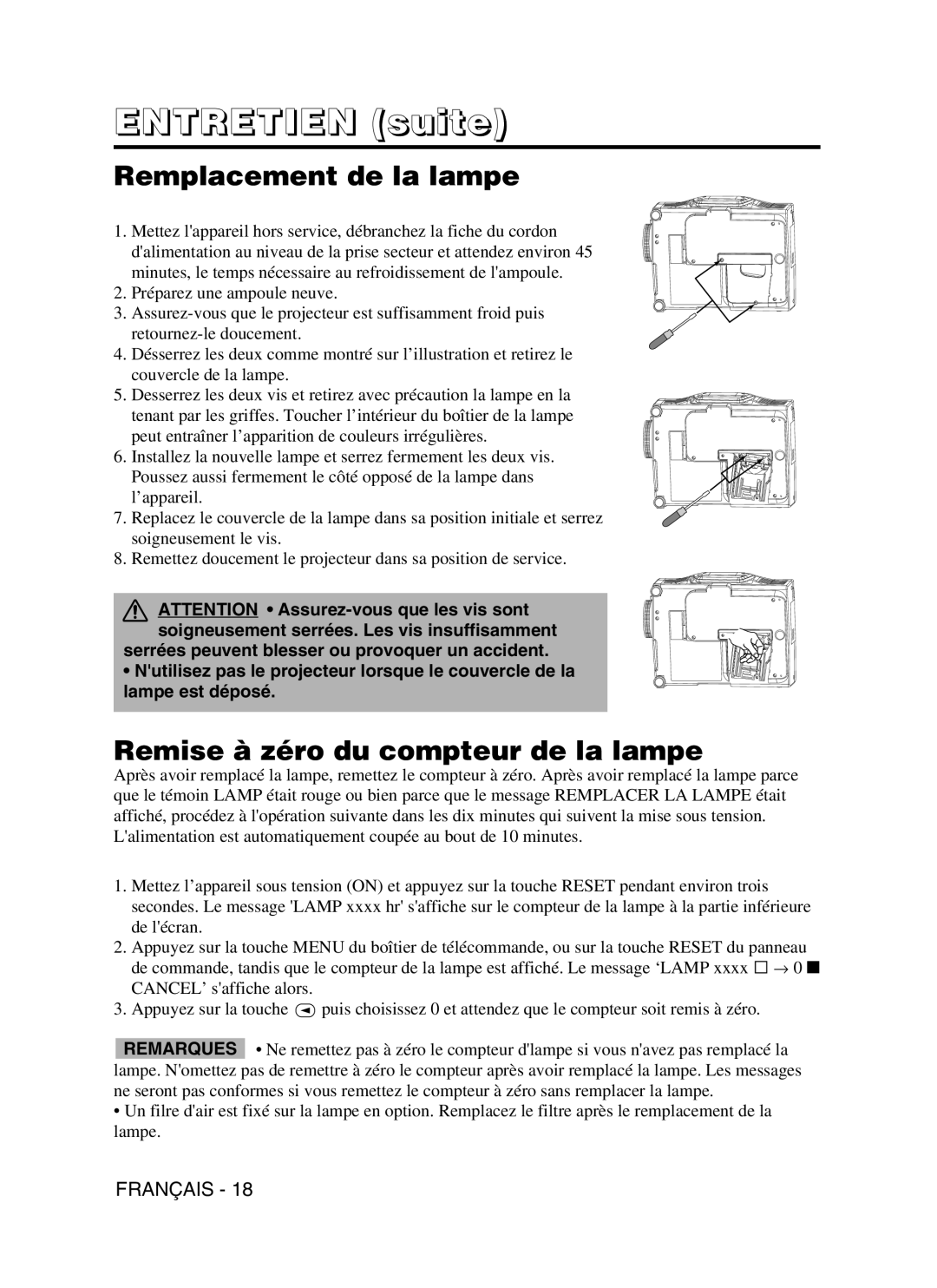 Dukane 28A9115 user manual Entretien suite, Remplacement de la lampe, Remise à zéro du compteur de la lampe 