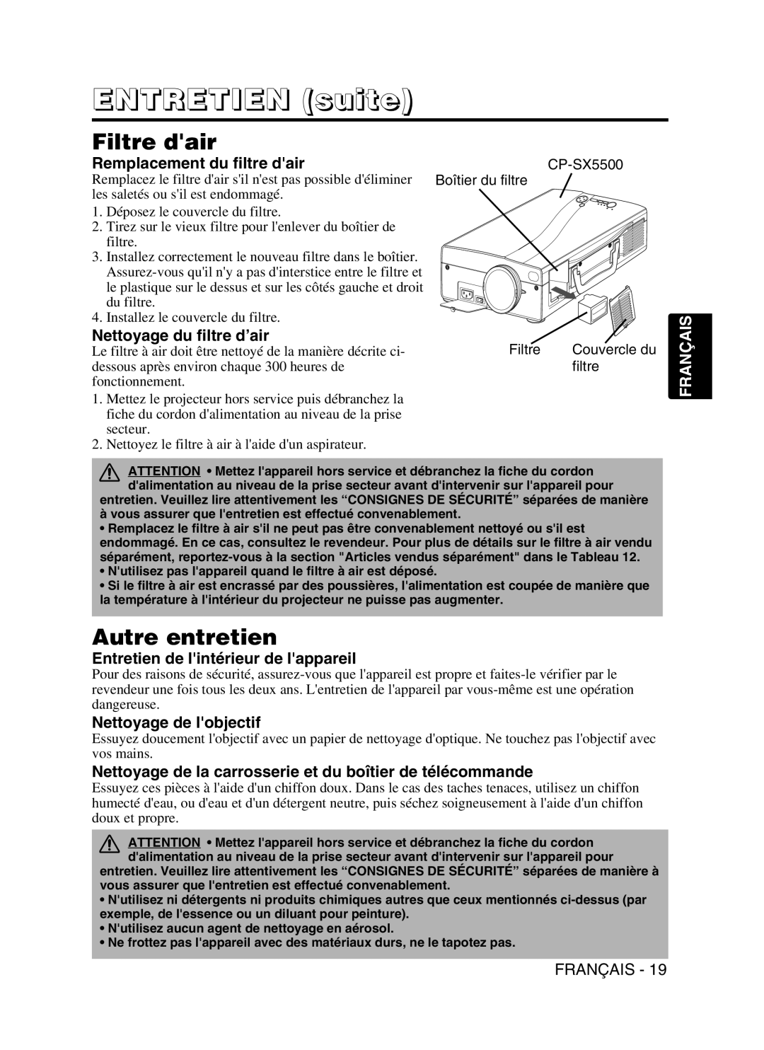 Dukane 28A9115 user manual Filtre dair, Autre entretien 