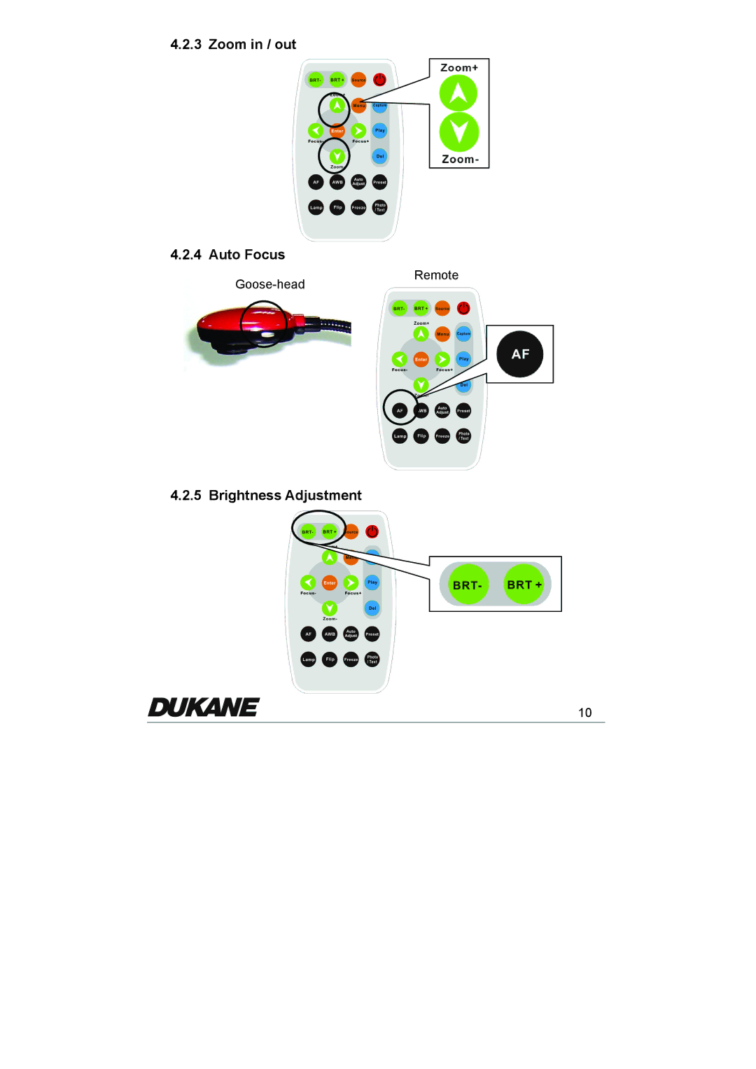 Dukane 335 manual Zoom in / out Auto Focus, Brightness Adjustment 