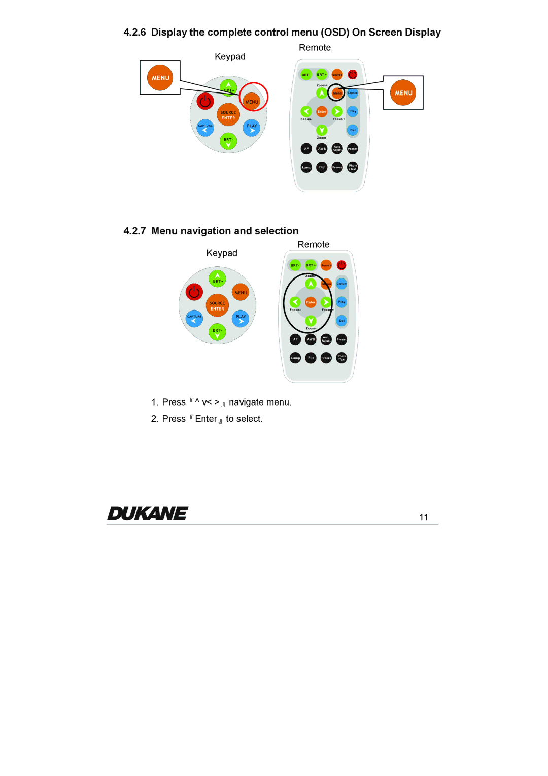 Dukane 335 manual Display the complete control menu OSD On Screen Display, Menu navigation and selection 