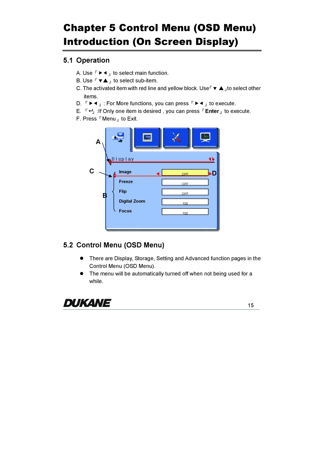 Dukane 335 manual Control Menu OSD Menu Introduction On Screen Display, Operation 