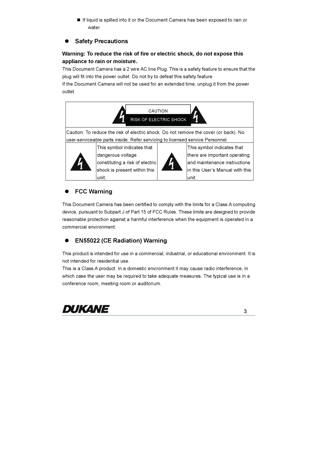 Dukane 335 manual Safety Precautions, FCC Warning, EN55022 CE Radiation Warning 