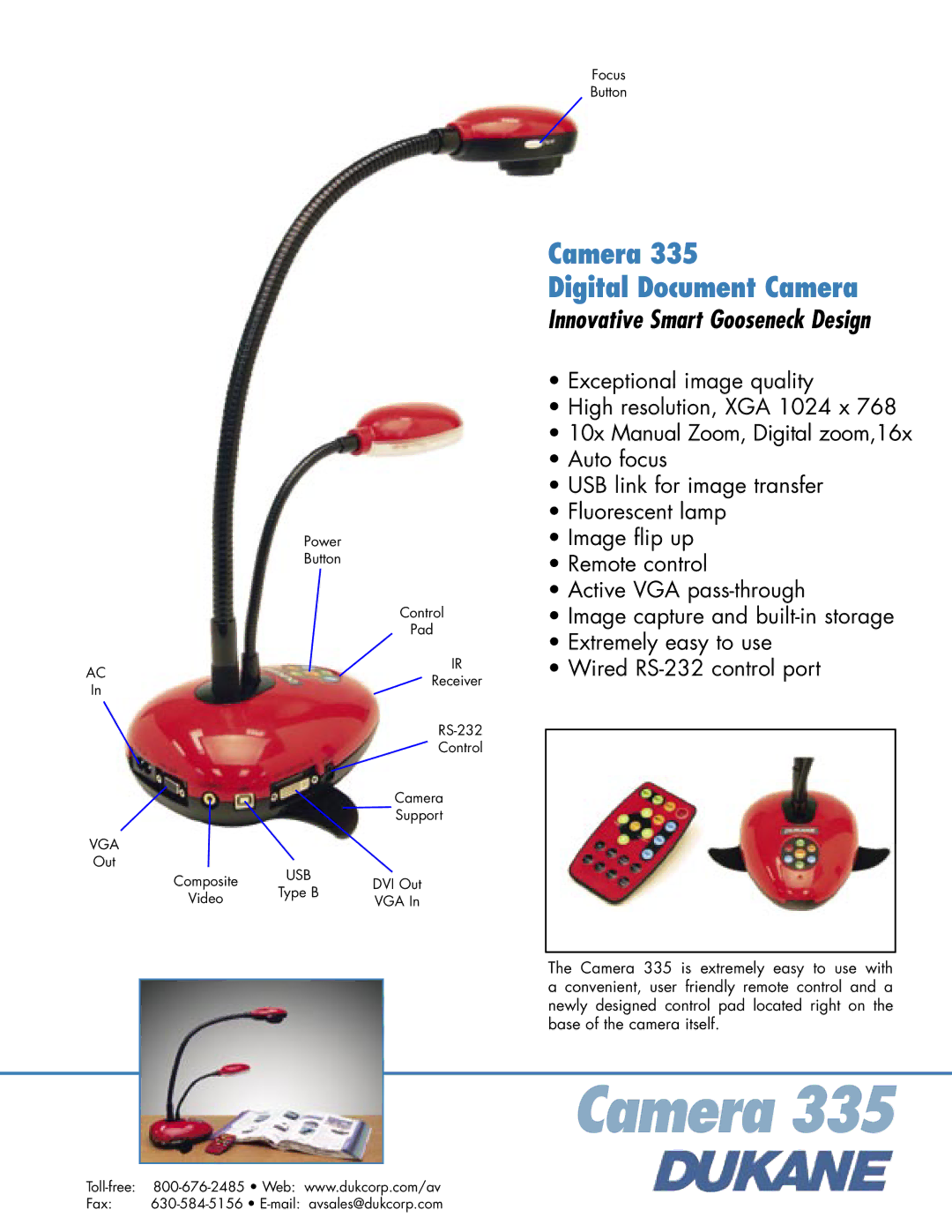 Dukane 335 manual Camera Digital Document Camera, Innovative Smart Gooseneck Design, Vga 