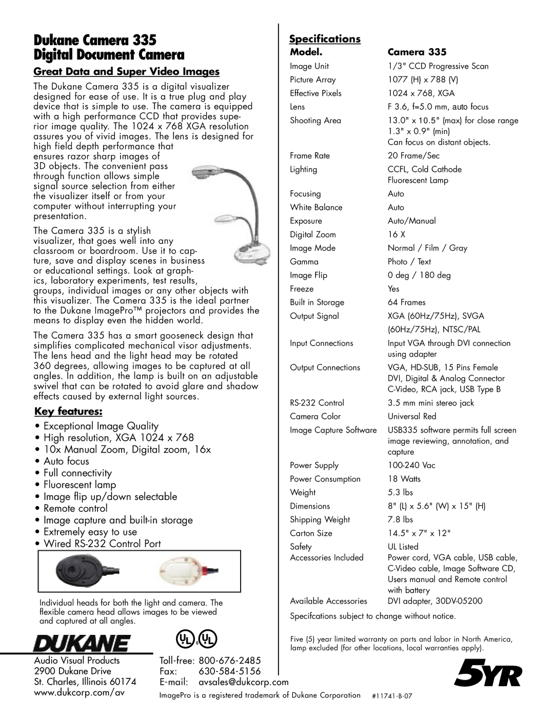 Dukane 335 manual 5YR, Dukane Camera, Digital Document Camera 