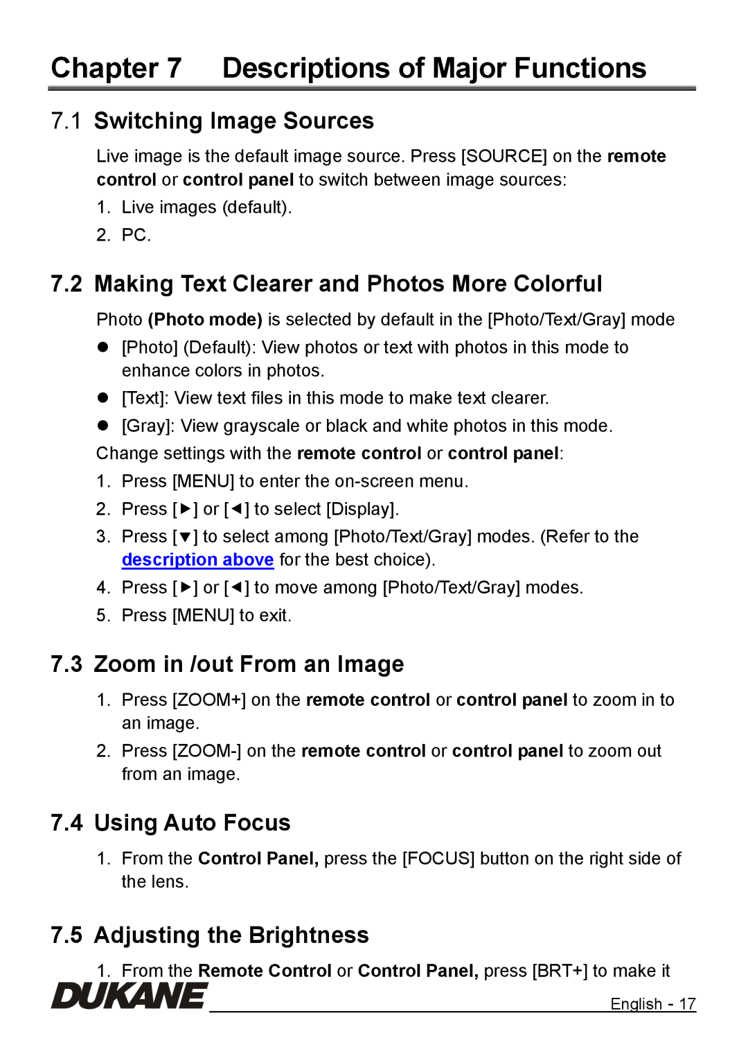 Dukane 335B manual Switching Image Sources, Making Text Clearer and Photos More Colorful, Zoom in /out From an Image 