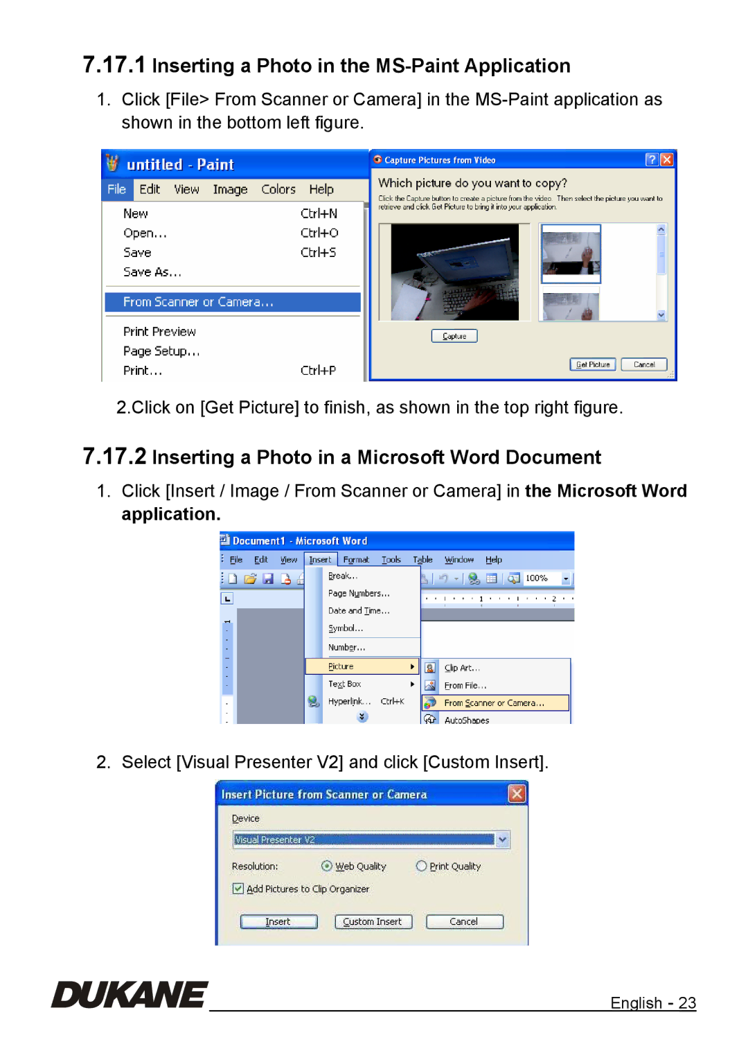 Dukane 335B manual Inserting a Photo in the MS-Paint Application, Inserting a Photo in a Microsoft Word Document 