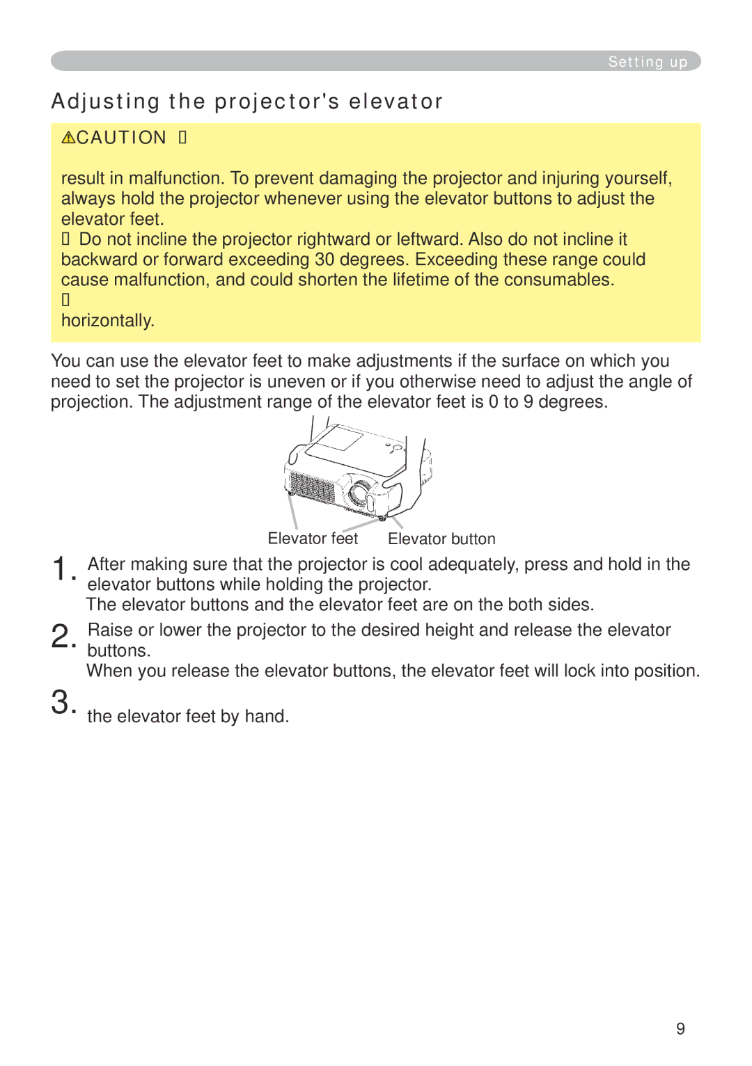 Dukane 401-8755E-01 user manual Adjusting the projectors elevator, Elevator feet Elevator button 