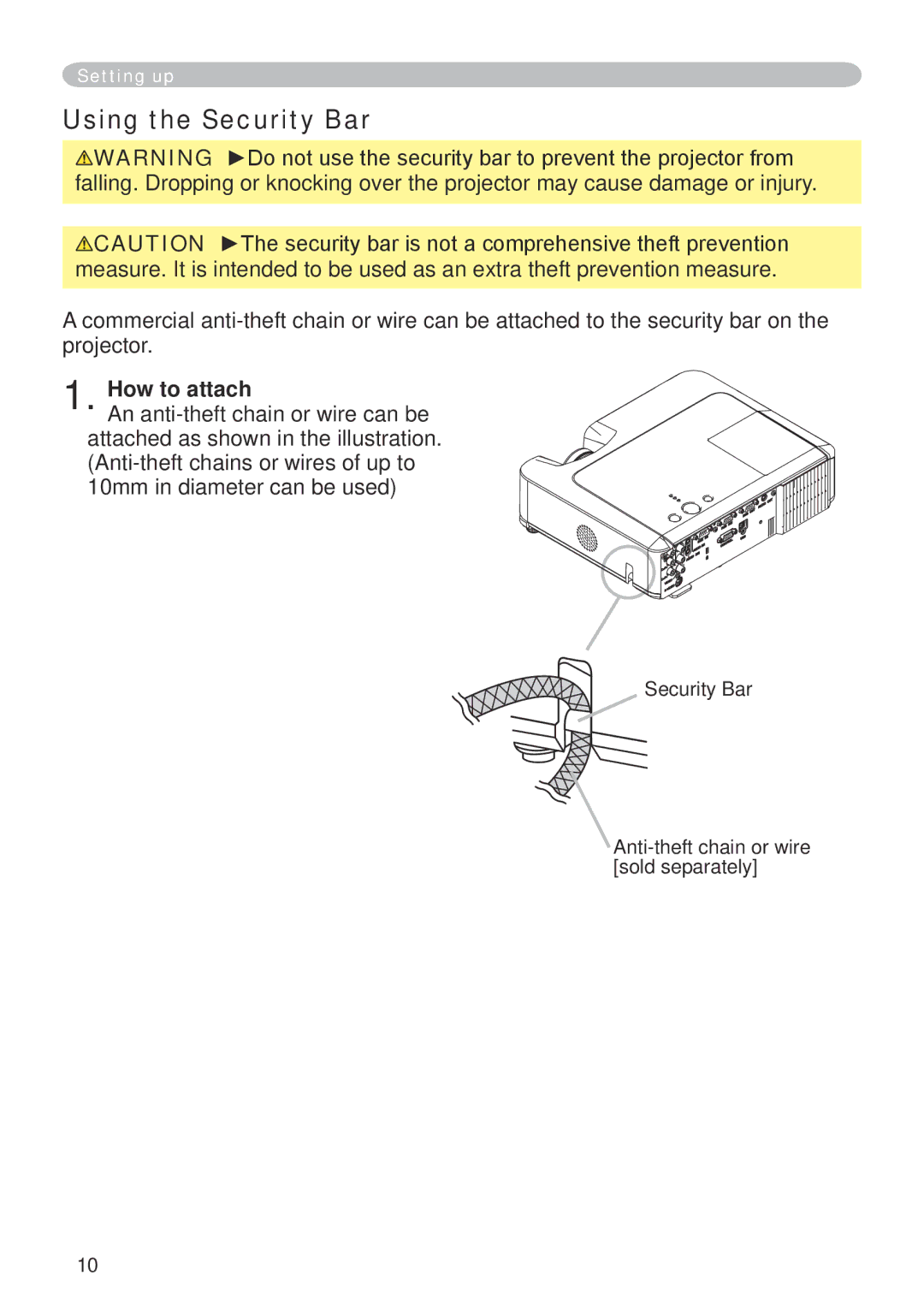 Dukane 401-8755E-01 Using the Security Bar, How to attach, Security Bar Anti-theft chain or wire sold separately 