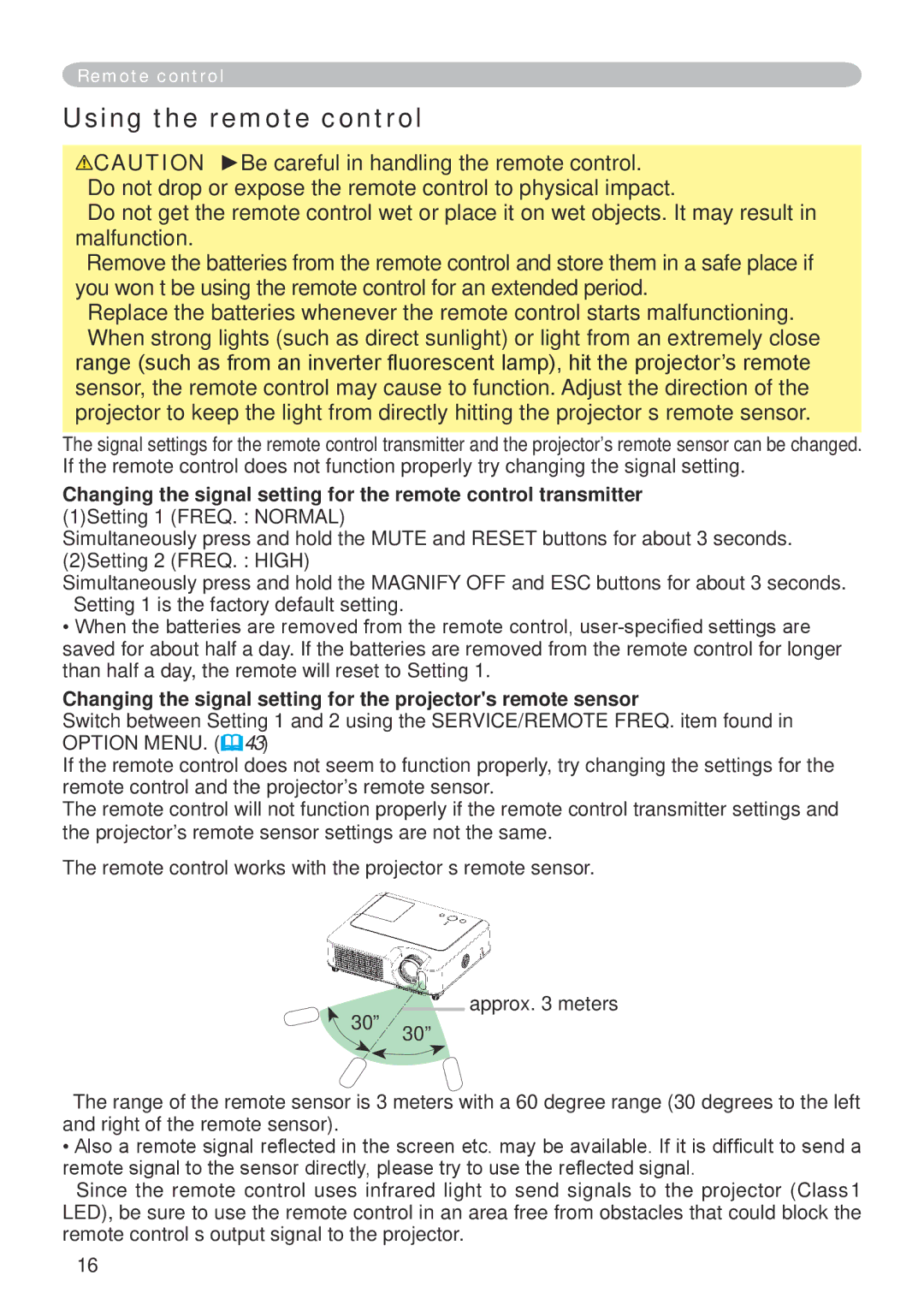 Dukane 401-8755E-01 user manual Using the remote control, Changing the signal setting for the projectors remote sensor 