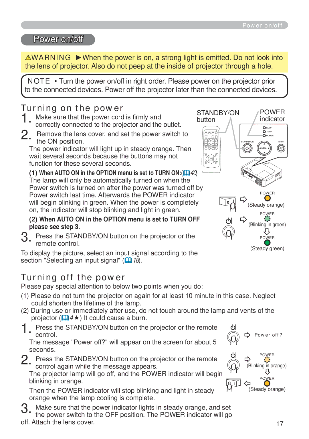 Dukane 401-8755E-01 user manual Power on/off, Turning on the power, Turning off the power, Off. Attach the lens cover 