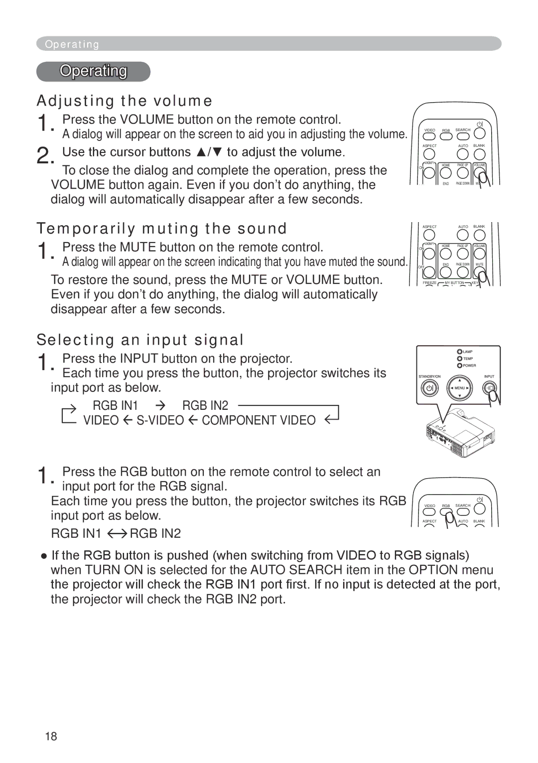 Dukane 401-8755E-01 user manual Operating, Adjusting the volume, Temporarily muting the sound, Selecting an input signal 