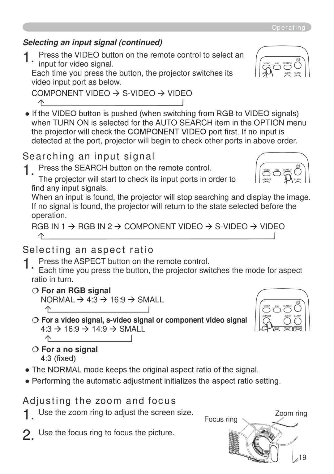 Dukane 401-8755E-01 user manual Searching an input signal, Selecting an aspect ratio, Adjusting the zoom and focus 