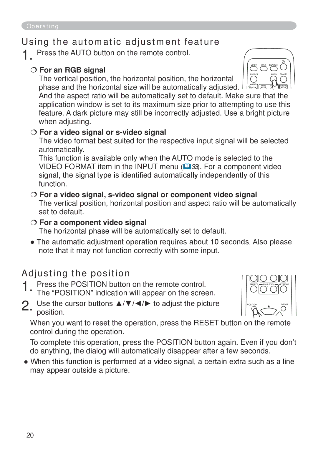 Dukane 401-8755E-01 Using the automatic adjustment feature, Adjusting the position,  For a video signal or s-video signal 