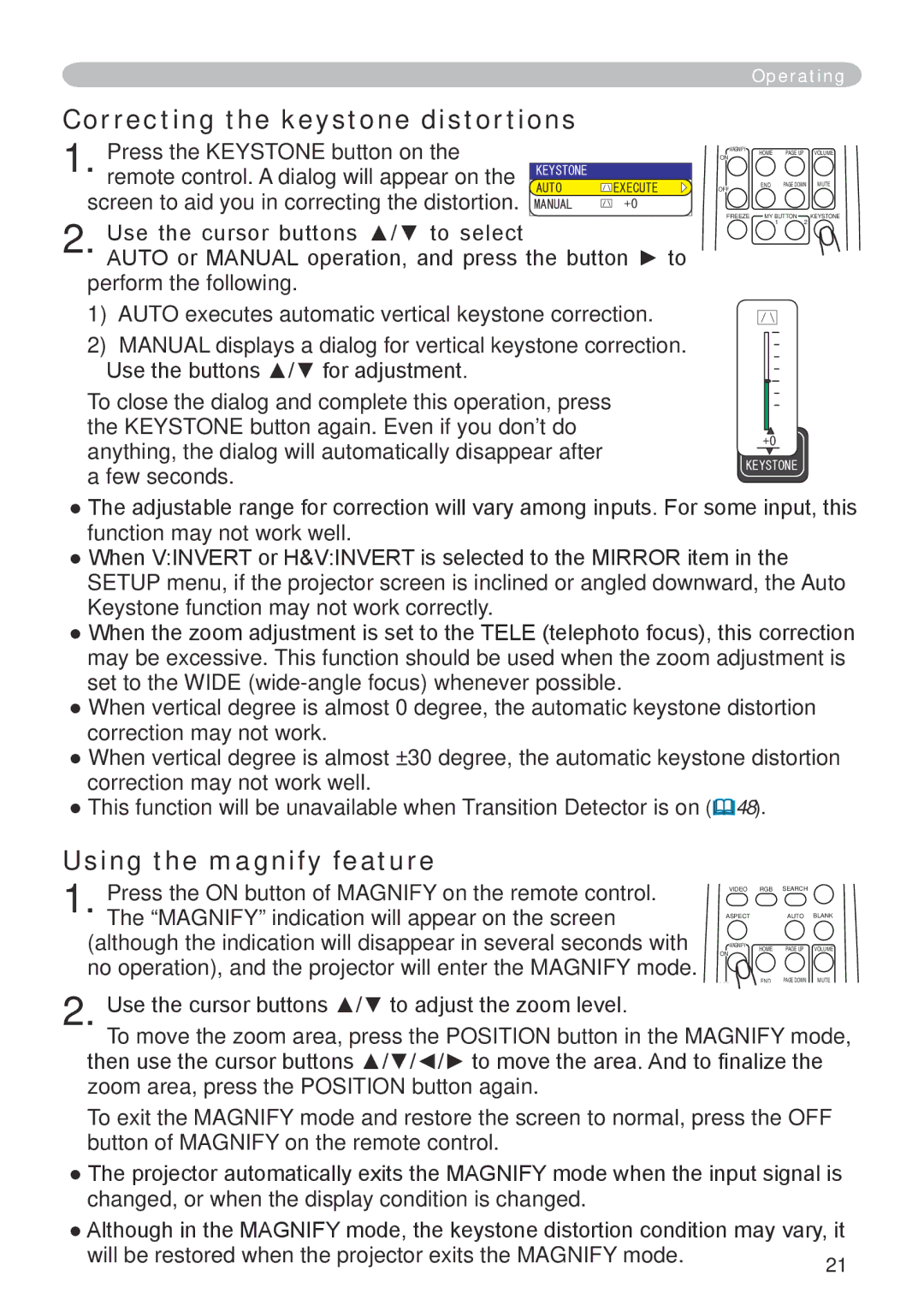 Dukane 401-8755E-01 user manual Correcting the keystone distortions, Using the magnify feature 