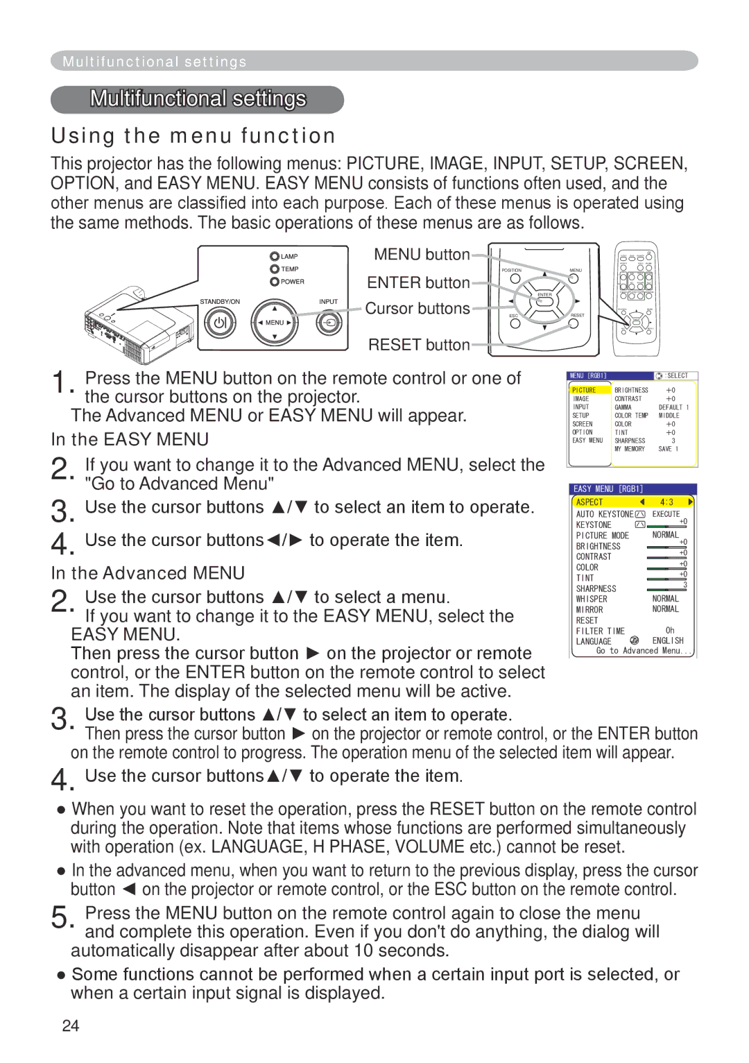 Dukane 401-8755E-01 user manual Multifunctional settings, Using the menu function, Easy Menu, Advanced Menu 