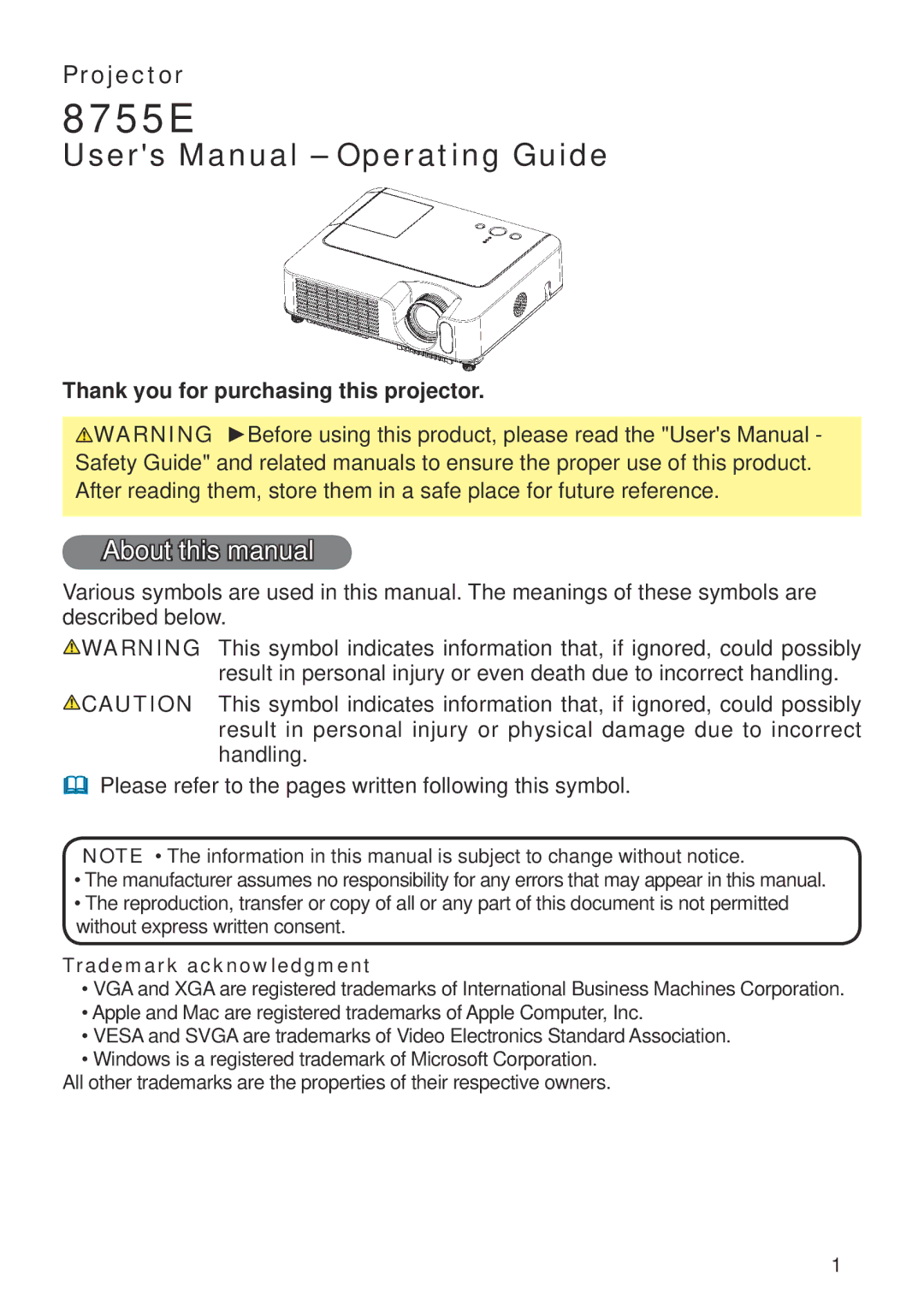 Dukane 401-8755E-01 user manual About this manual, Thank you for purchasing this projector, Trademark acknowledgment 