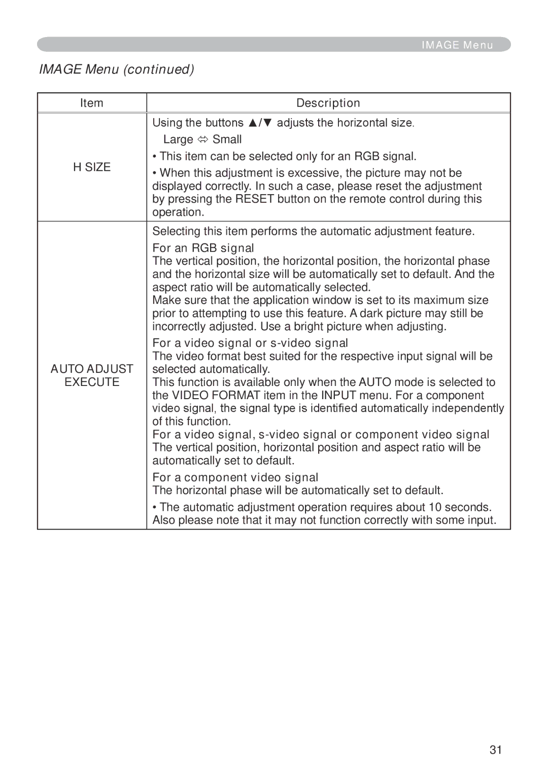 Dukane 401-8755E-01 Image Menu, Size, For a video signal or s-video signal, Auto Adjust, For a component video signal 