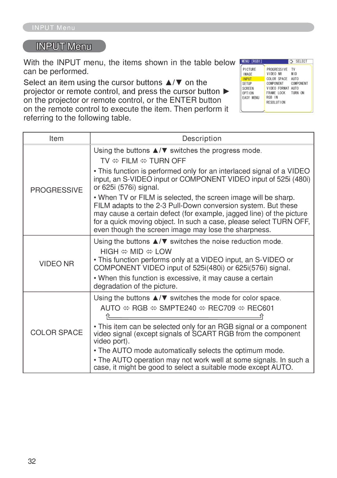 Dukane 401-8755E-01 user manual Input Menu, Progressive, Video NR, Color Space 