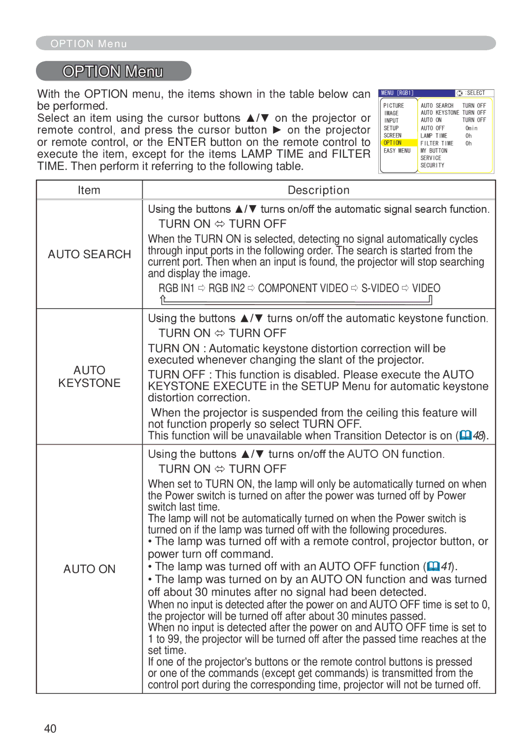 Dukane 401-8755E-01 user manual Option Menu, Auto Search, Auto on 