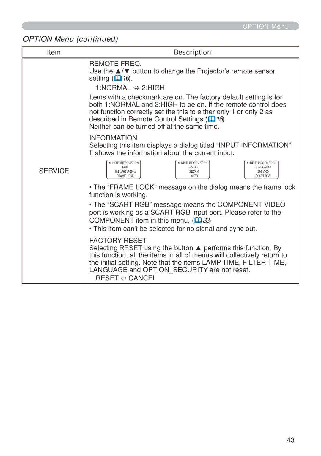 Dukane 401-8755E-01 Remote Freq, Use the / button to change the Projectors remote sensor, Information, Factory Reset 