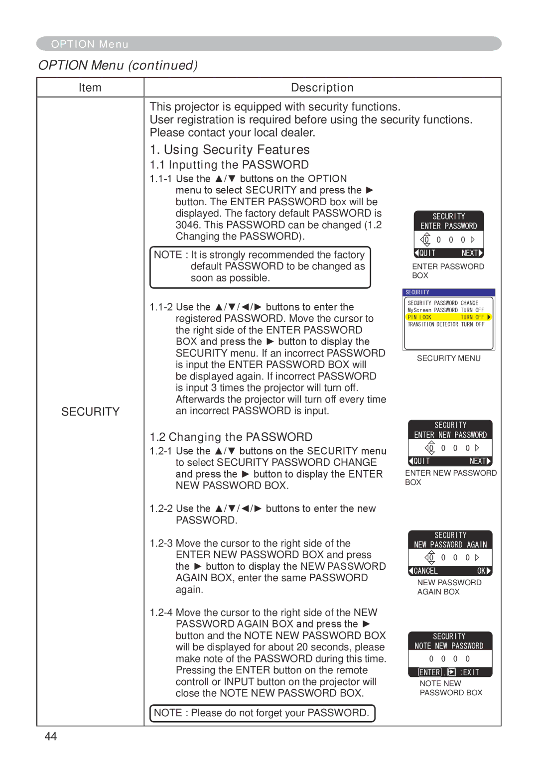 Dukane 401-8755E-01 user manual Using Security Features, Inputting the Password, Changing the Password 