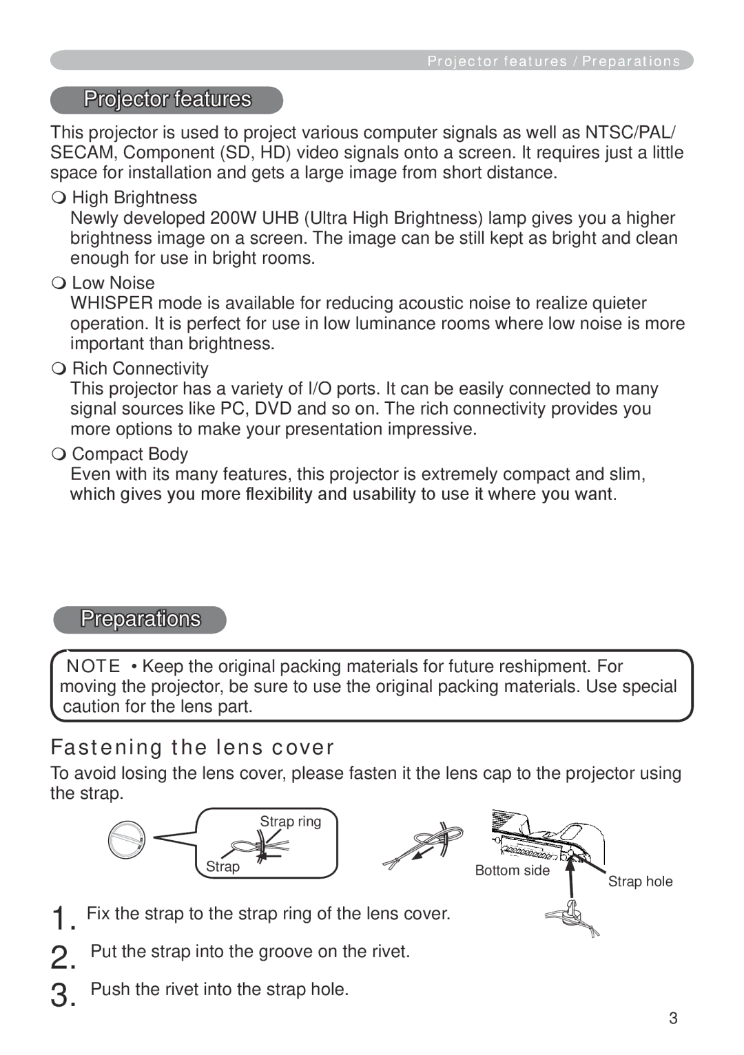 Dukane 401-8755E-01 user manual Projector features, Preparations, Fastening the lens cover 