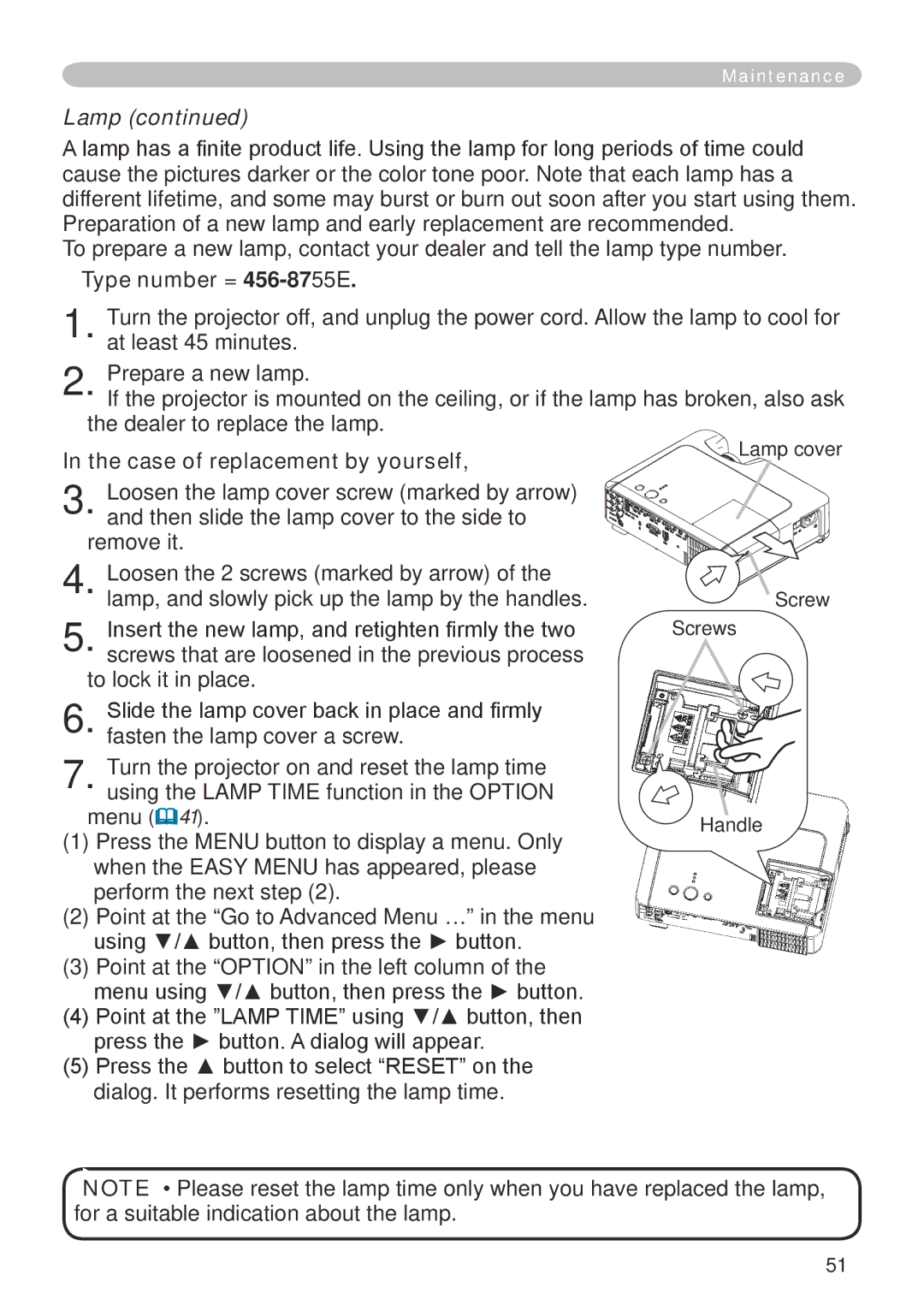 Dukane 401-8755E-01 Type number = 456-8755E, Case of replacement by yourself, Lamp cover Screw Screws Handle 