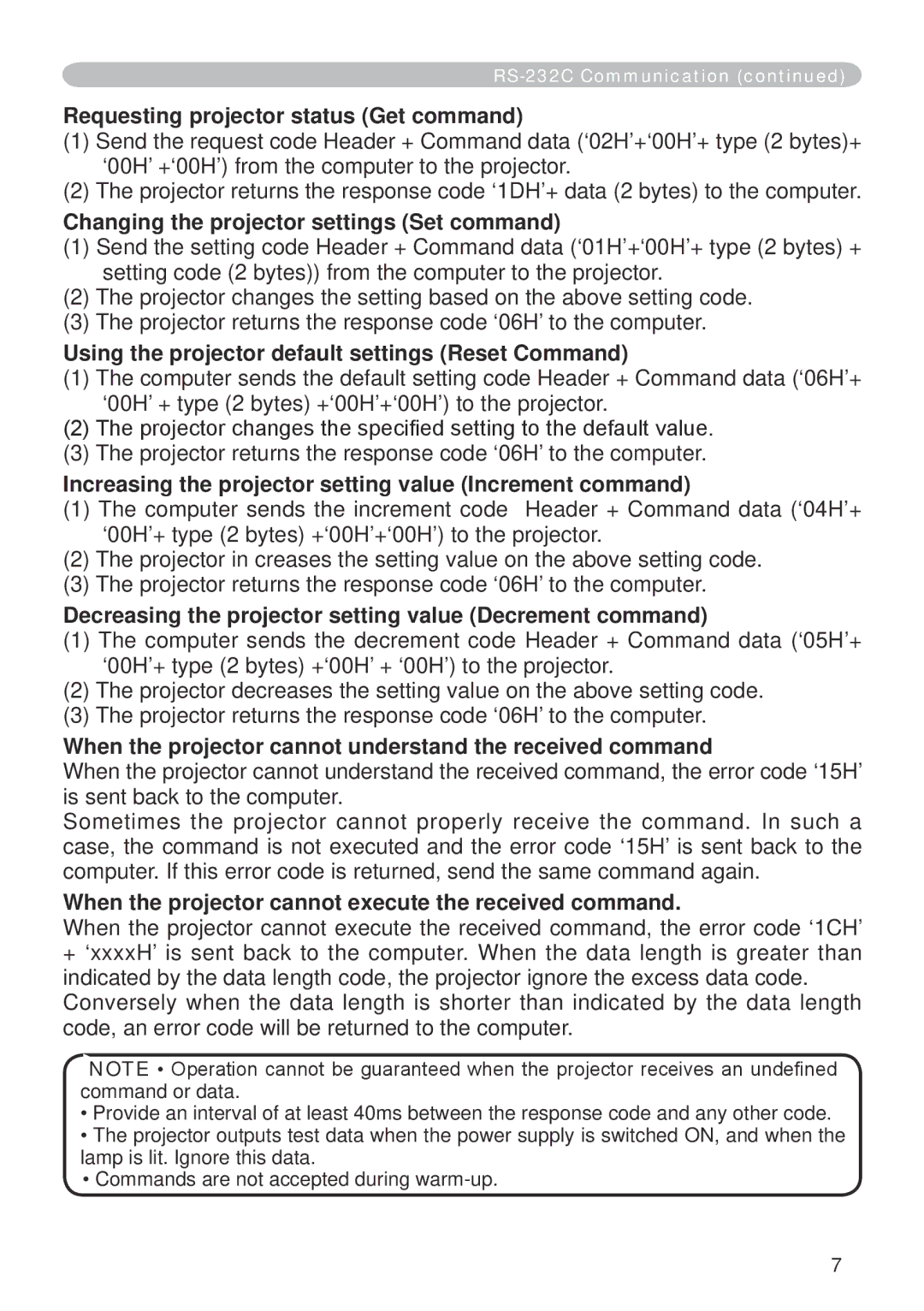 Dukane 401-8755E-01 user manual Requesting projector status Get command, Changing the projector settings Set command 