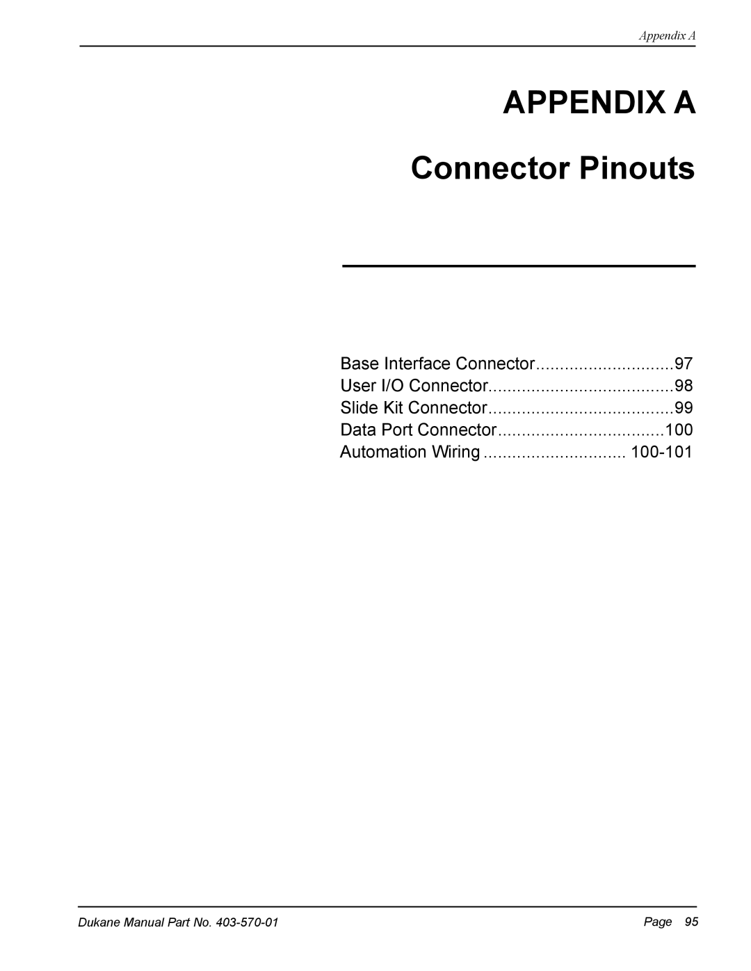 Dukane 403-570-01 user manual Appendix a, Connector Pinouts 