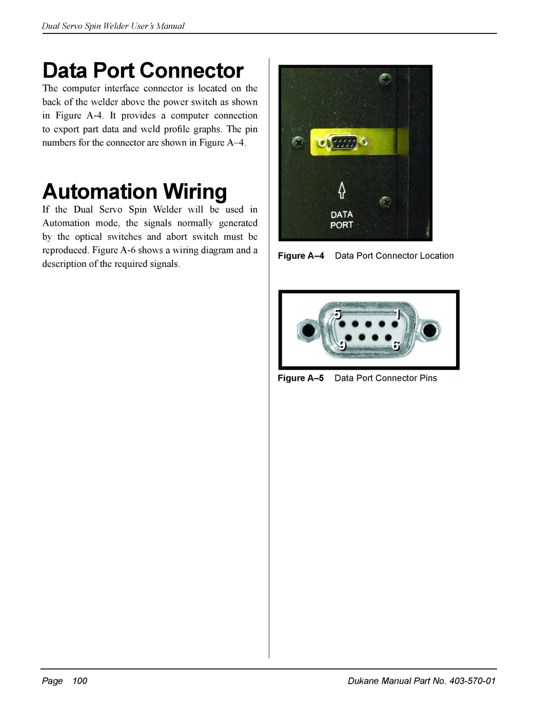 Dukane 403-570-01 user manual Data Port Connector, Automation Wiring 