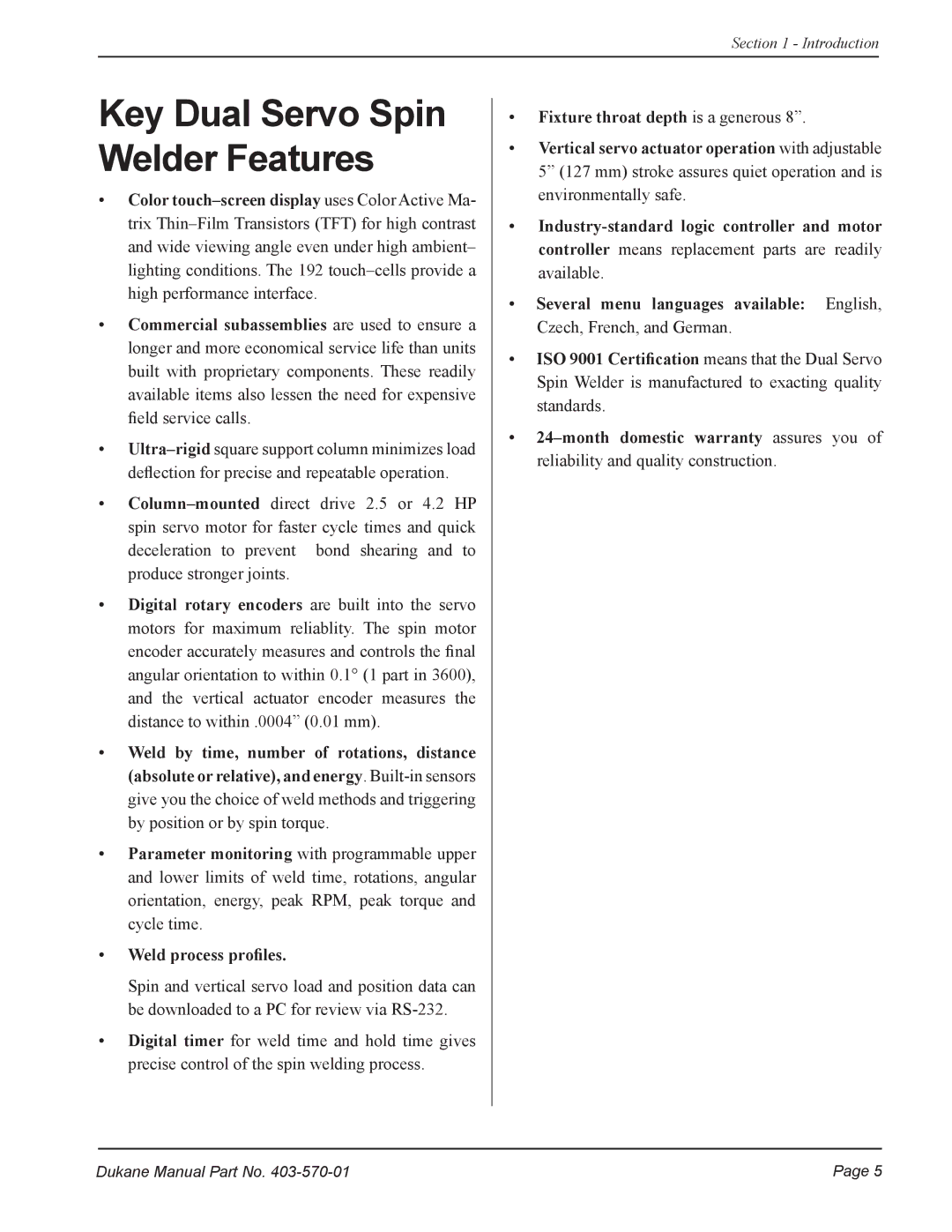 Dukane 403-570-01 user manual Key Dual Servo Spin Welder Features 