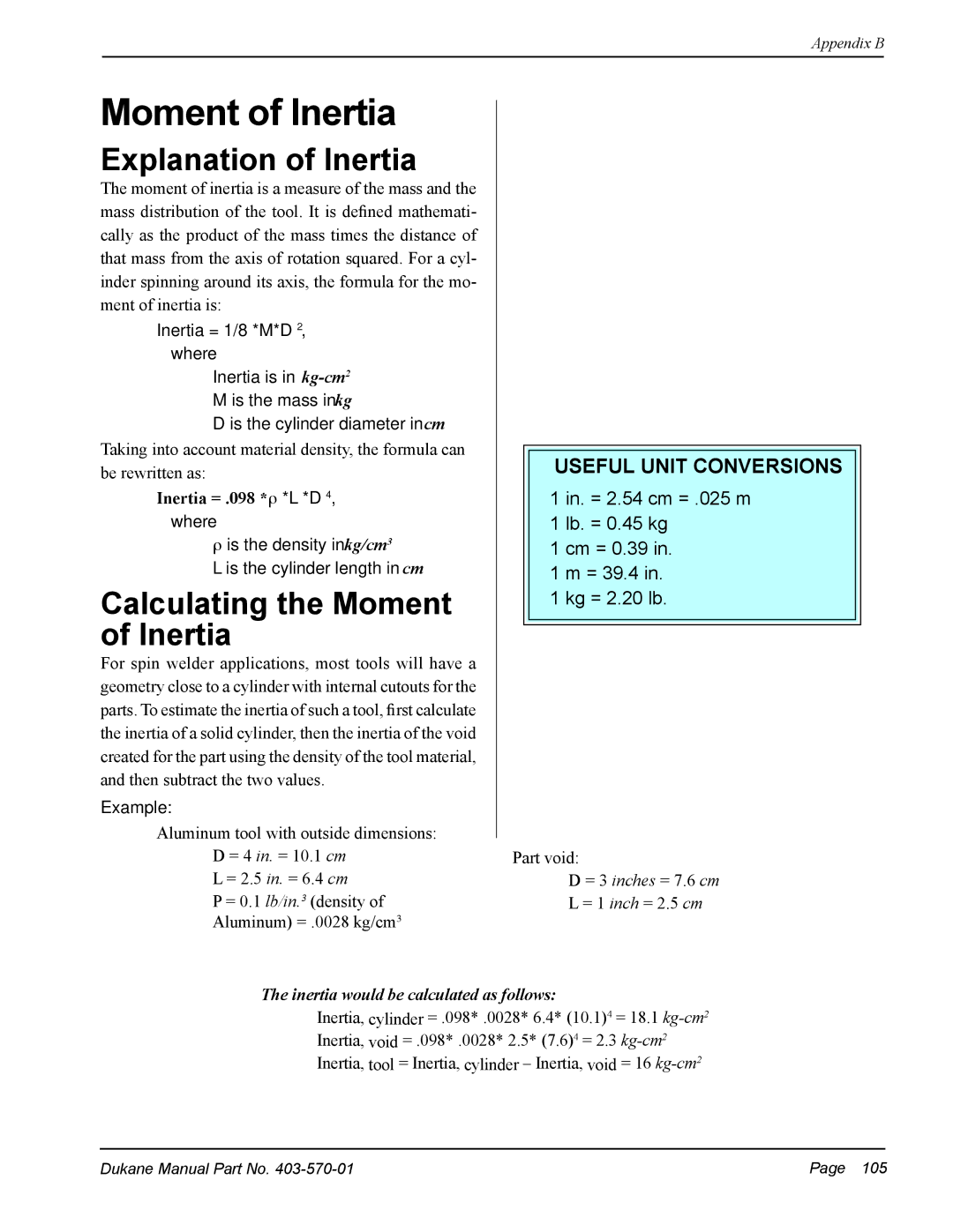 Dukane 403-570-01 user manual Moment of Inertia, Explanation of Inertia 