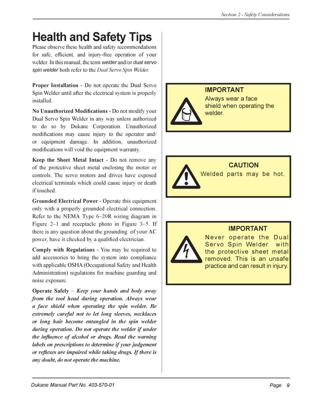 Dukane 403-570-01 user manual Health and Safety Tips,  Caution 