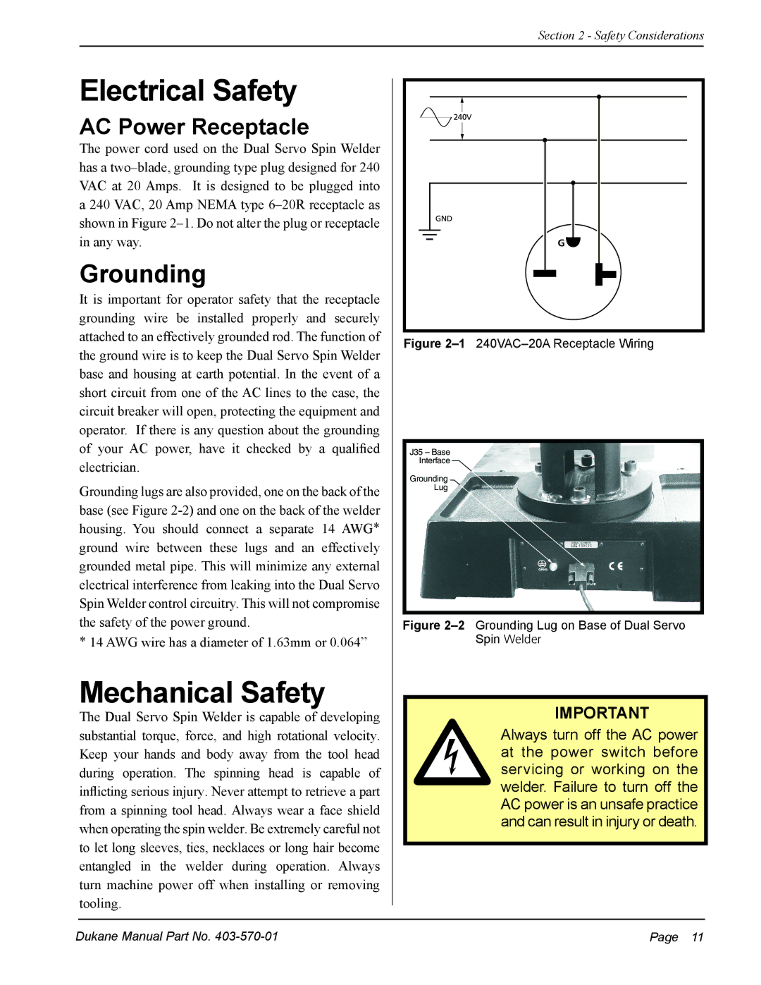 Dukane 403-570-01 user manual Electrical Safety, Mechanical Safety, AC Power Receptacle 