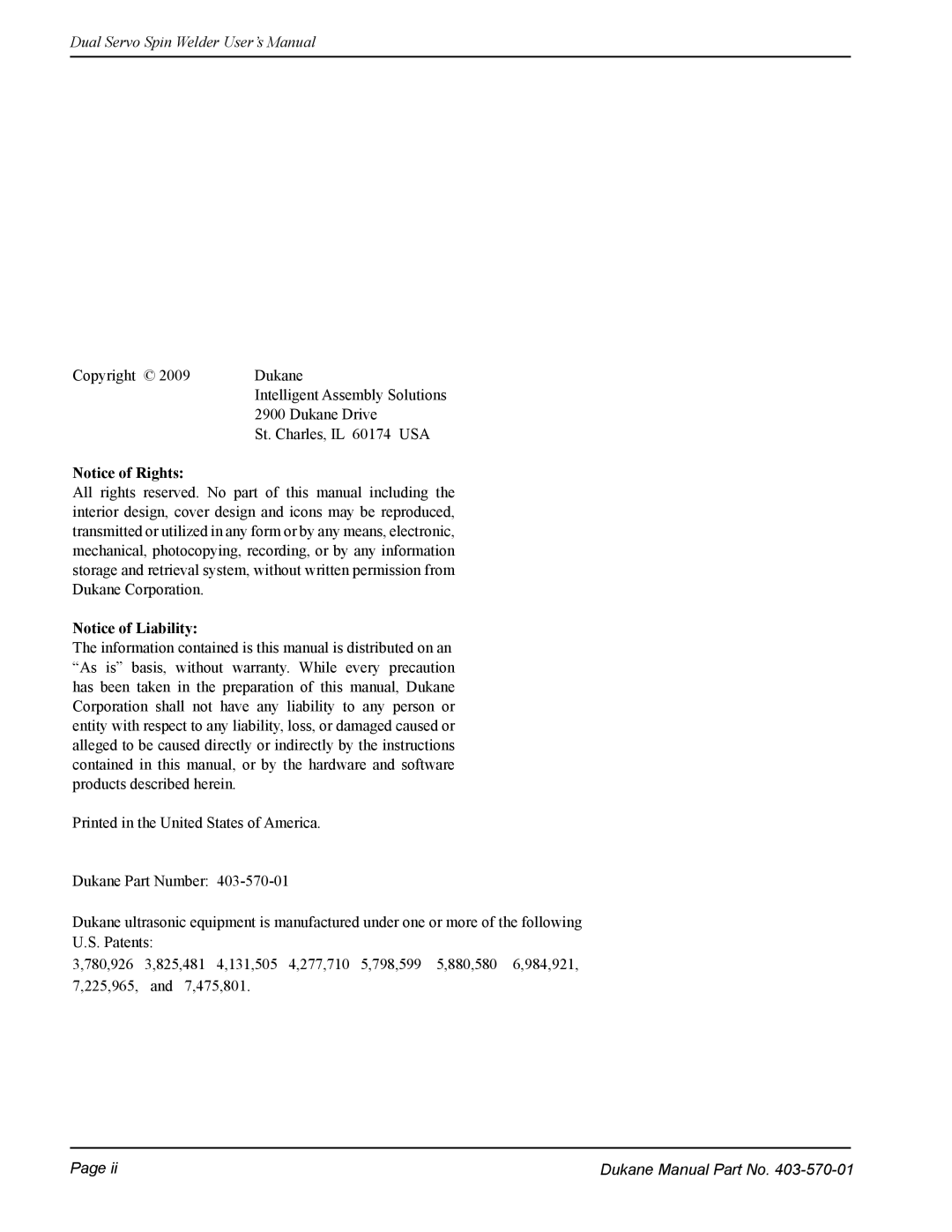 Dukane 403-570-01 user manual Dukane Manual Part No 