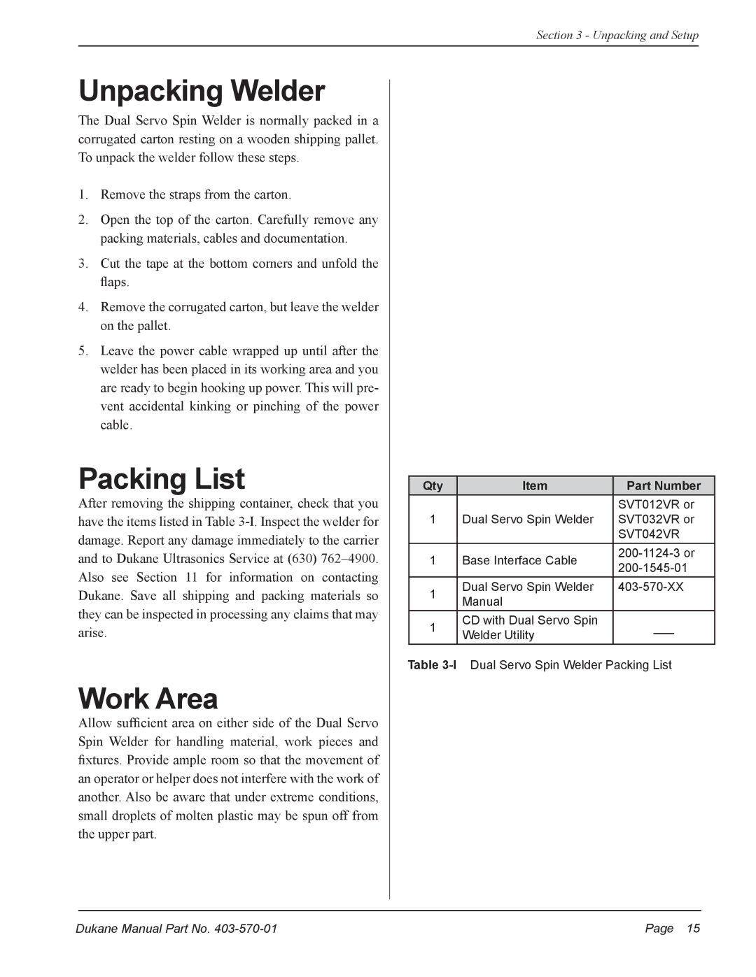 Dukane 403-570-01 user manual Unpacking Welder, Packing List, Work Area, Qty Part Number 