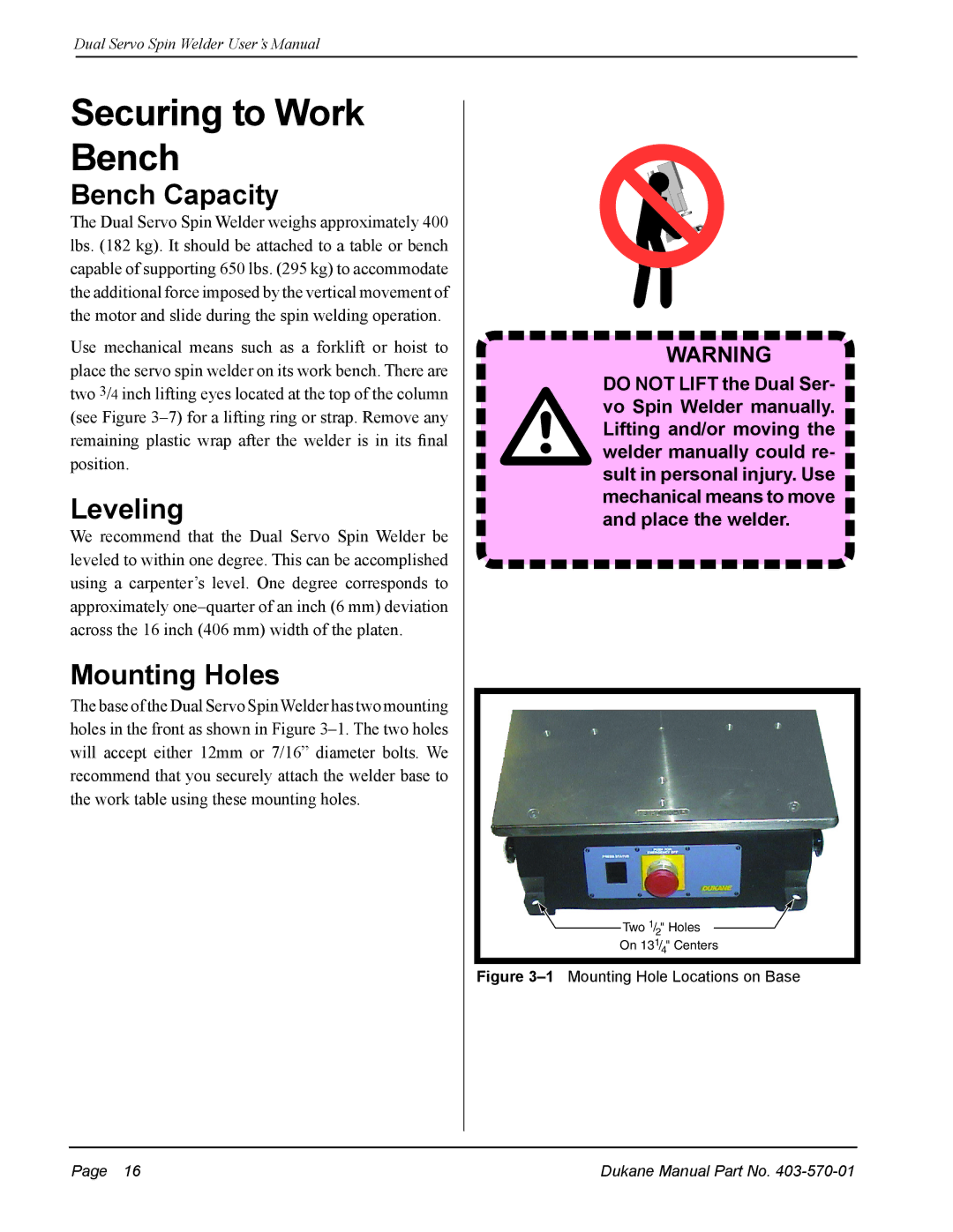 Dukane 403-570-01 user manual Securing to Work Bench, Bench Capacity, Leveling, Mounting Holes 