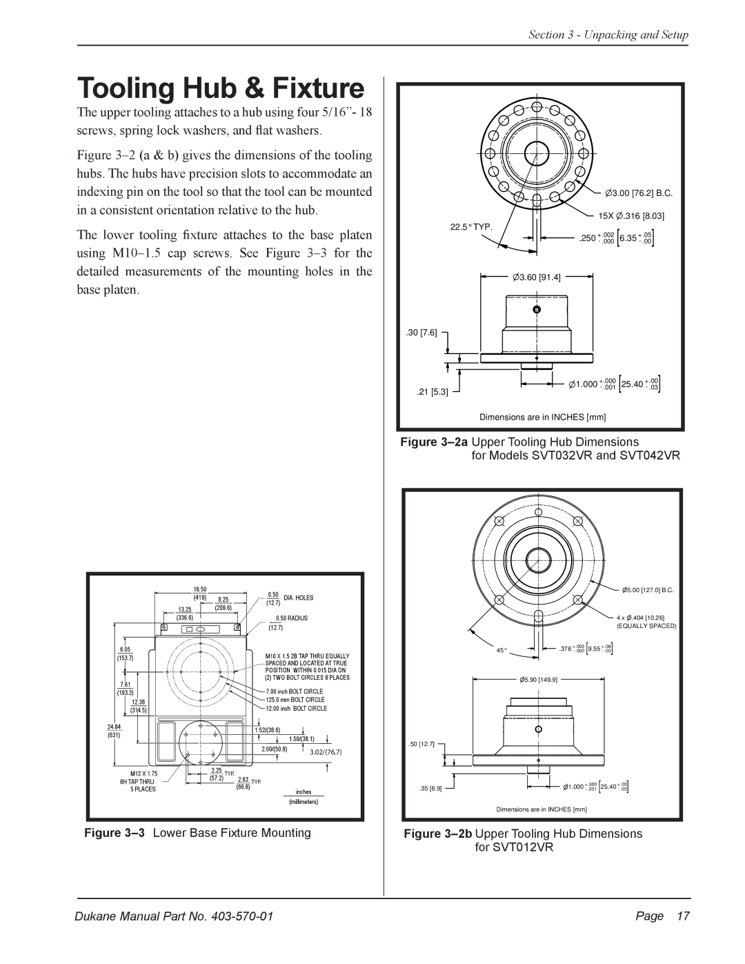 Dukane 403-570-01 user manual Tooling Hub & Fixture, Dimensions are in Inches mm 