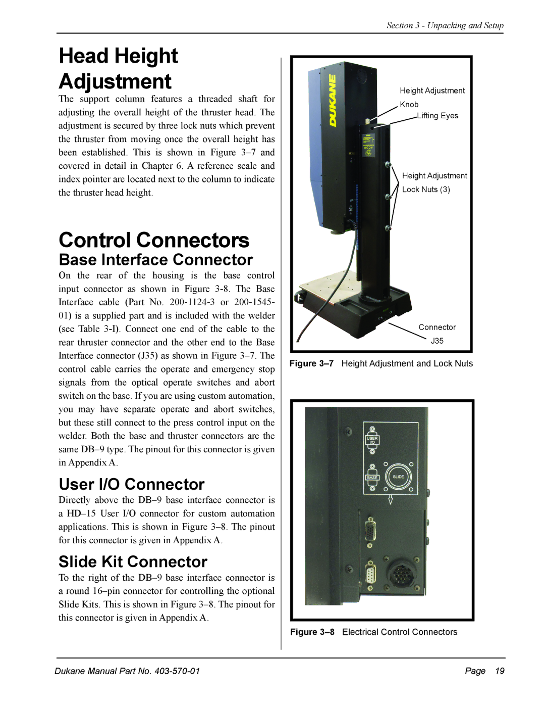 Dukane 403-570-01 user manual Head Height Adjustment, Control Connectors, Base Interface Connector, User I/O Connector 