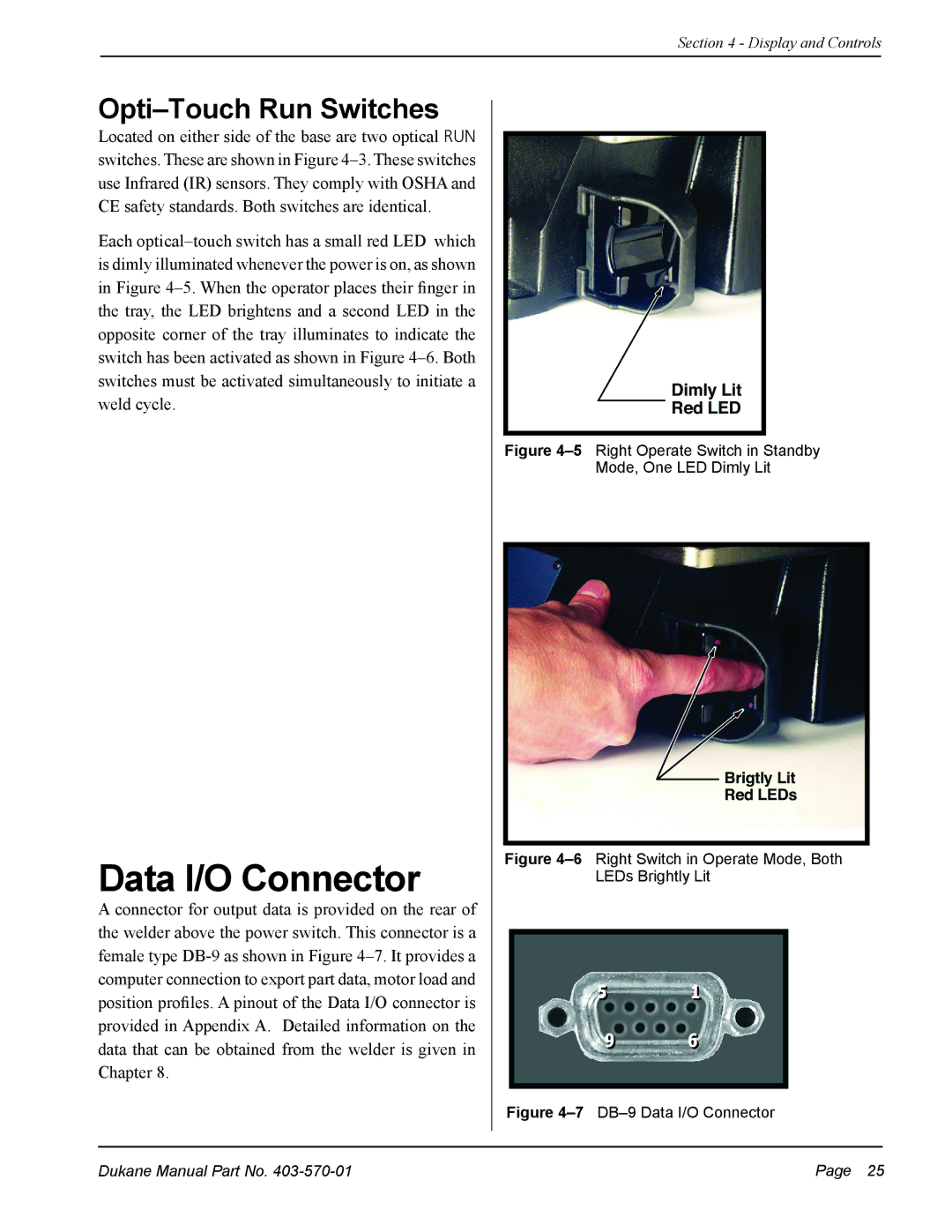 Dukane 403-570-01 user manual Data I/O Connector, Opti-Touch Run Switches, Brigtly Lit Red LEDs 