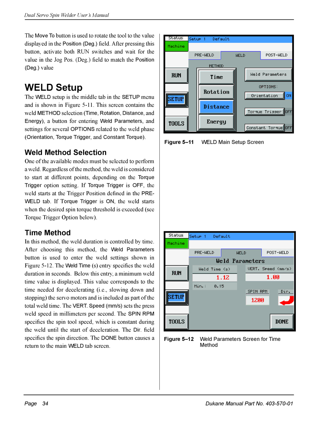 Dukane 403-570-01 user manual Weld Setup, Weld Method Selection, Time Method 