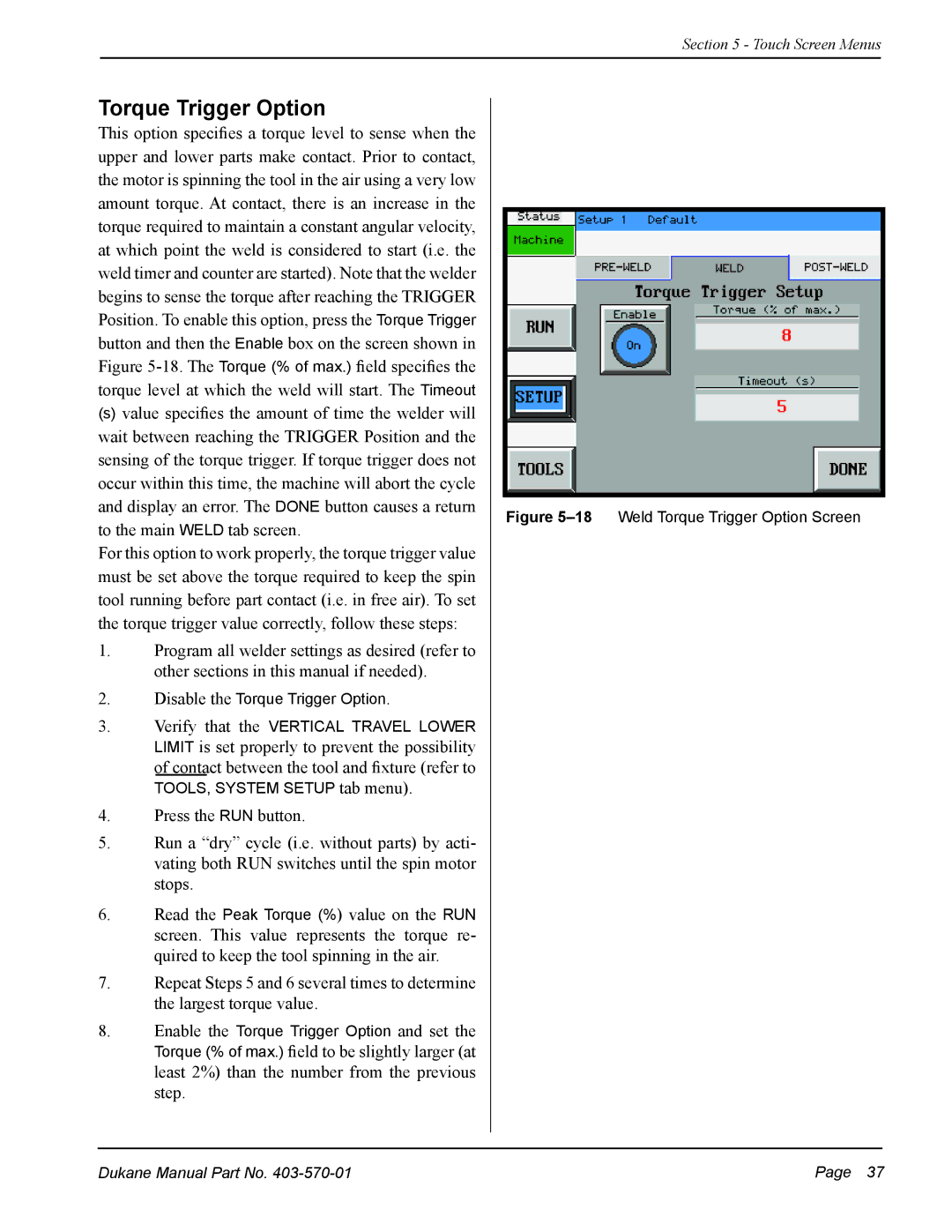 Dukane 403-570-01 user manual 18Weld Torque Trigger Option Screen 